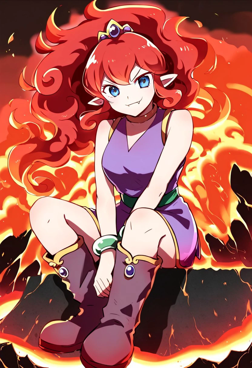 score_8, score_8_up, score_7, hires, (detailed:1.1), vivid colors, smile, flare_panepon, red hair, fiery hair, long hair, blue eyes, pointy ears, purple dress, short dress, sleeveless dress, tiara, fang, bracelet, boots, knee boots, jewelry, (lava:1.1), volcano background, sitting, looking at viewer