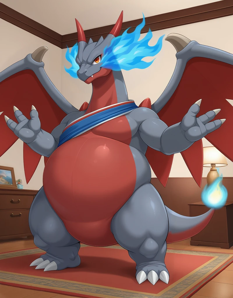 (((detailed eyes, detailed face))), (feral, player2 megacharizardx <lora:character_charizard_pokken_megax_pindigoxl_v3+1:1>, grey skin, (red body, red belly, red wings), claws, 3 fingers, red shoulder horn, red horn, shoulder sash), male, (solo), (plump), (sfw), standing, smile, (front view) BREAK (konzaburou, ukan_muri), bedroom, (flat shading, flat color, high brightness), 8k, UHD, masterpiece, (full body), ((blue flame))