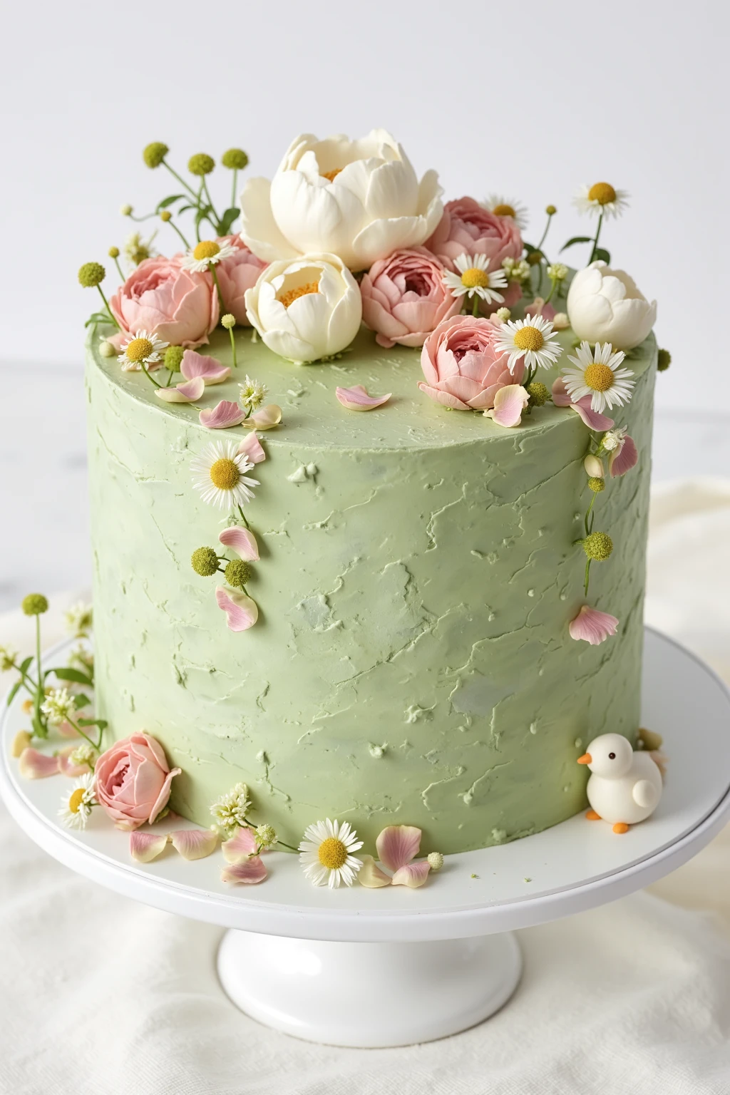 CynthiaCake.Design a single-tier cake inspired by a lush garden in bloom. Cover the cake with pastel green icing and add clusters of edible flowers **** roses, peonies, and small wildflowers across the top. Create a gentle scattering of edible petals falling down the side of the cake, and add a small edible bird perched on the edge to complete the garden scene.