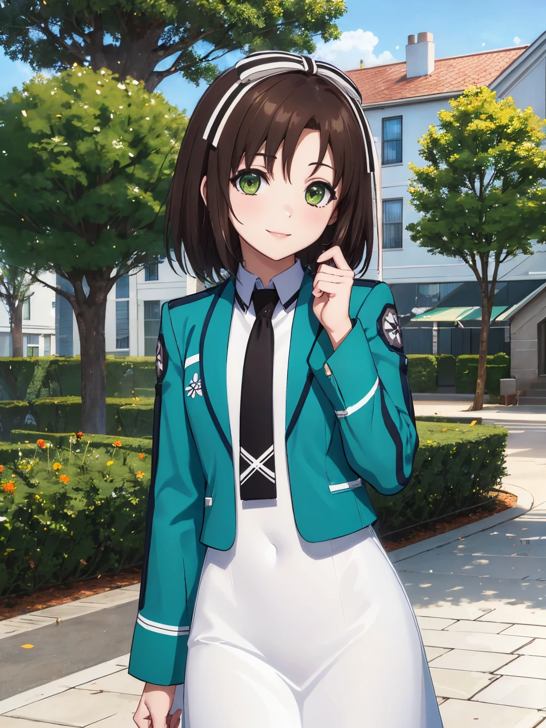 <lora:Saegusa_Izumi_0R:0.7>
saegusaizumi, brown hair, medium hair, green eyes, white hair ribbon
first high school uniform, green jacket, white dress, (long skirt:1.2), black necktie, long sleeves
masterpiece, best quality, ultra-detailed, detailed, detailed skin, absurdres, 8k, digital art
1girl, solo, facing viewer, standing, looking at viewer, smile, standing, cowboy shot
(outdoors, park, city, building, tree, bush, flower bed, street, stone floor)