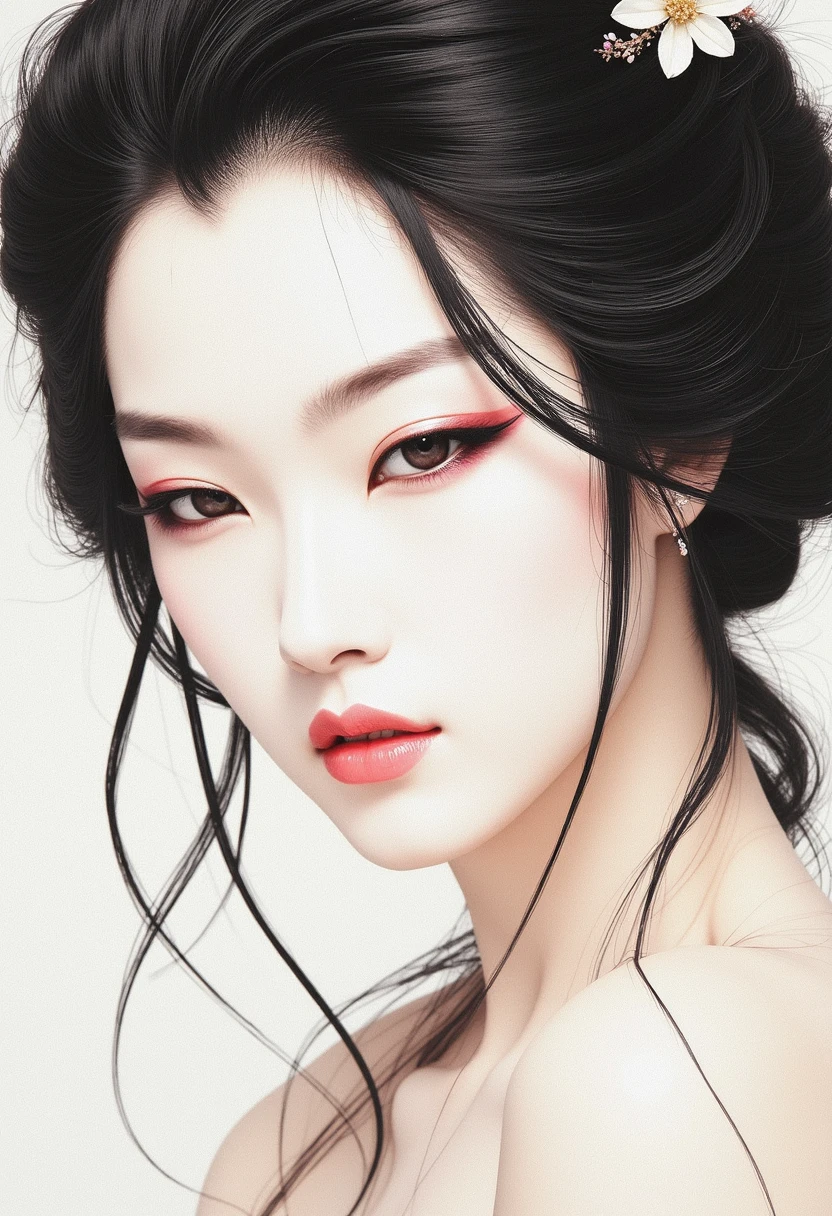 The image is a digital drawing in a highly detailed, traditional Japanese style, specifically a mix of ukiyo-e and modern digital art of a woman with an ethereal, almost surreal quality. She has an Asian appearance, with porcelain skin and delicate features. Her eyes are striking, with a subtle, almost imperceptible makeup that enhances their almond shape and gives them a soft, mysterious glow. Her lips are painted a soft pink, with a subtle, natural sheen.