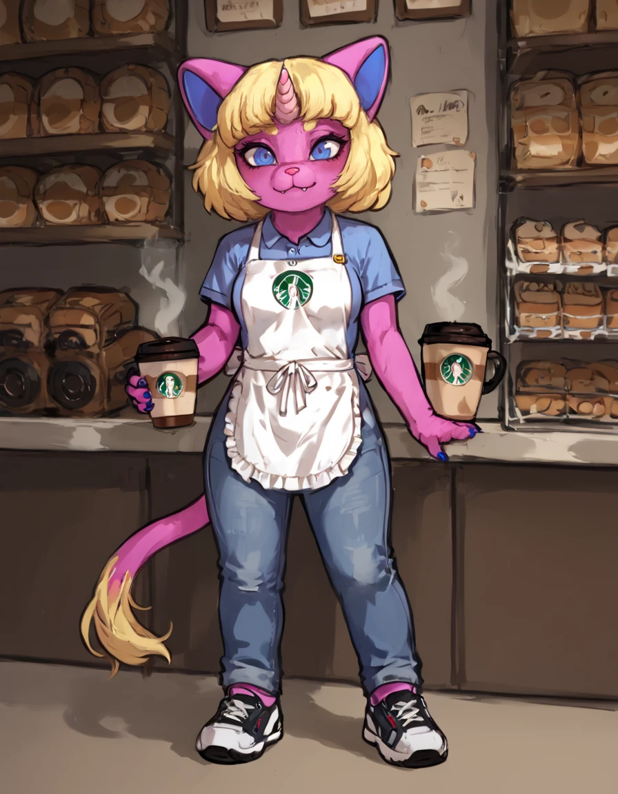 score_9, score_8_up, score_8, score_7
 <lora:Mitsy_Lune_Itsymitsy_for_PonyXL:1> 1girl, furry female, m1tsy, horn, tail, blonde hair, animal ears, colored skin, solo, blue eyes, shirt, jeans, sneakers
indoors, coffee shop, uniform, apron, medium breast,