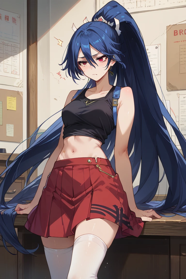 score_9,score_8_up,score_7_up,source_anime,BREAK
1girl, solo,
Kanae, very long hair, ponytail, blue hair, long hair,
navel, white thighhighs, midriff, black tank top, red skirt, class room,
Expressiveh