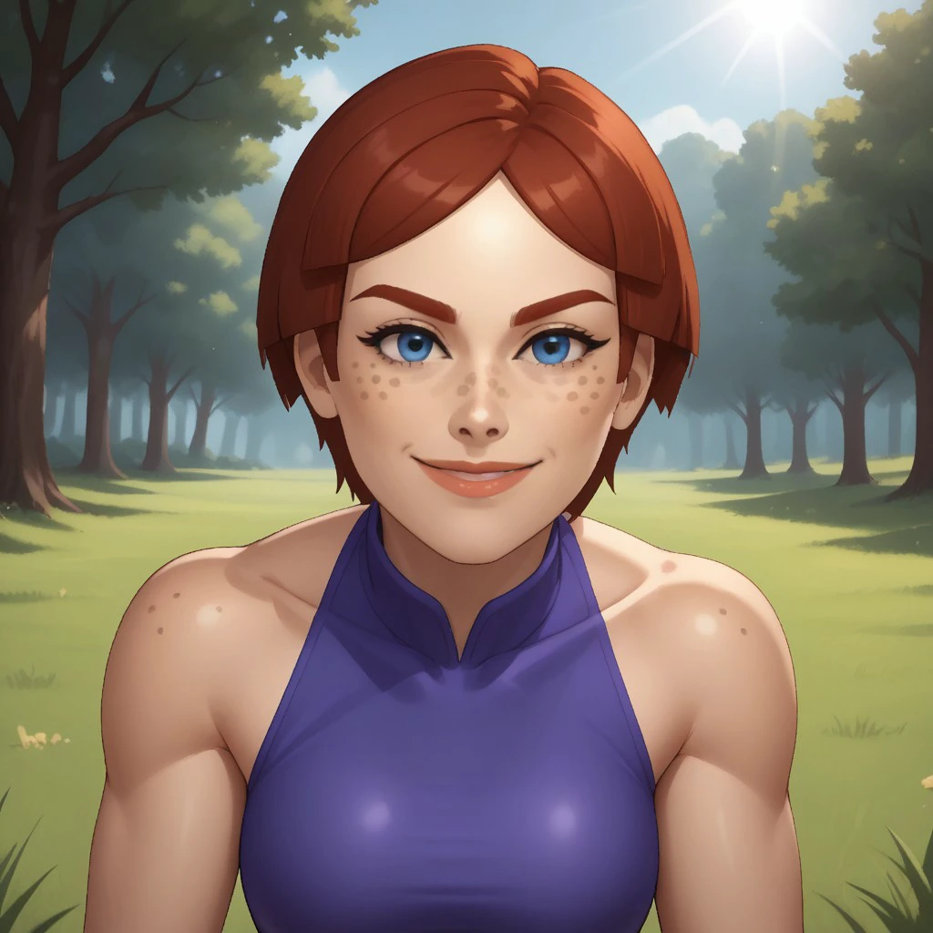 score_9, score_8, BREAK, solo, wii, mii, female mii, wii sports, 1girl, blue eyes, dark red hair, dark red eyebrows, lips, freckles, purple clothing, white pants, shoes, nintendo mii, modern_mii, classic_mii, breasts, Giovanna_(Wii_Sports), sexy pose, smile, outdoors, sunlight, shadows, evening lighting, natural lighting, forest, trees, grass, orange sky, sunset