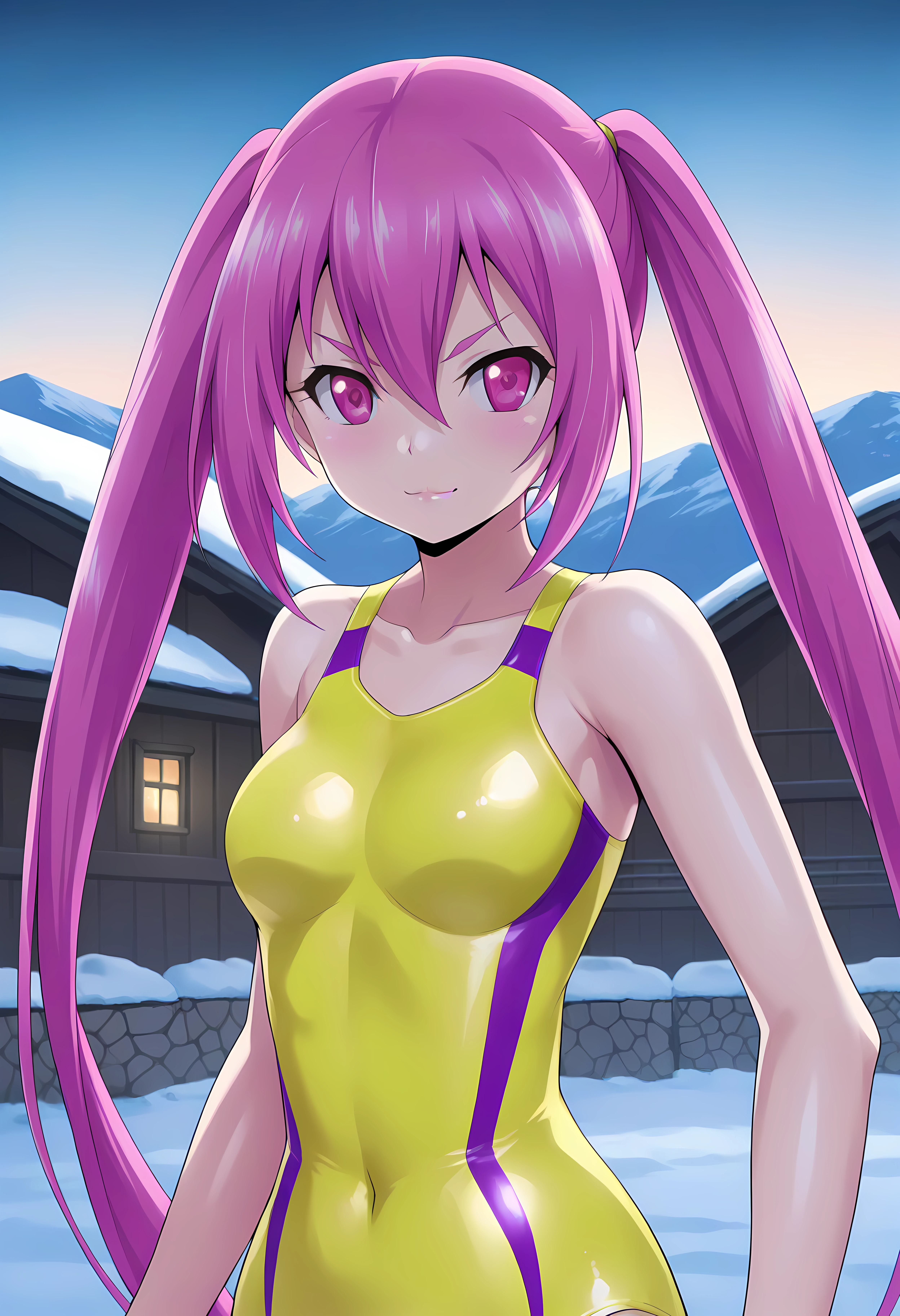 looking at viewer, shiny skin, upper body, light smile, petite,ohwx, long_hair, pink_hair, 1girl, twintails, purple_hair, pink_eyes, breasts, purple_eyes, medium_breasts, large_breasts, hair_between_eyes, very_long_hair, ponytail, v-shaped_eyebrows,swimsuit, one-piece_swimsuit, yellow_one-piece_swimsuit, competition_swimsuit, covered_navel, Quiet Japanese village in winter, snow-covered rooftops, warm light glowing from windows, peaceful and still,<lora:usagi_tsukishita_illustrious_sobsynapse-000003:1>