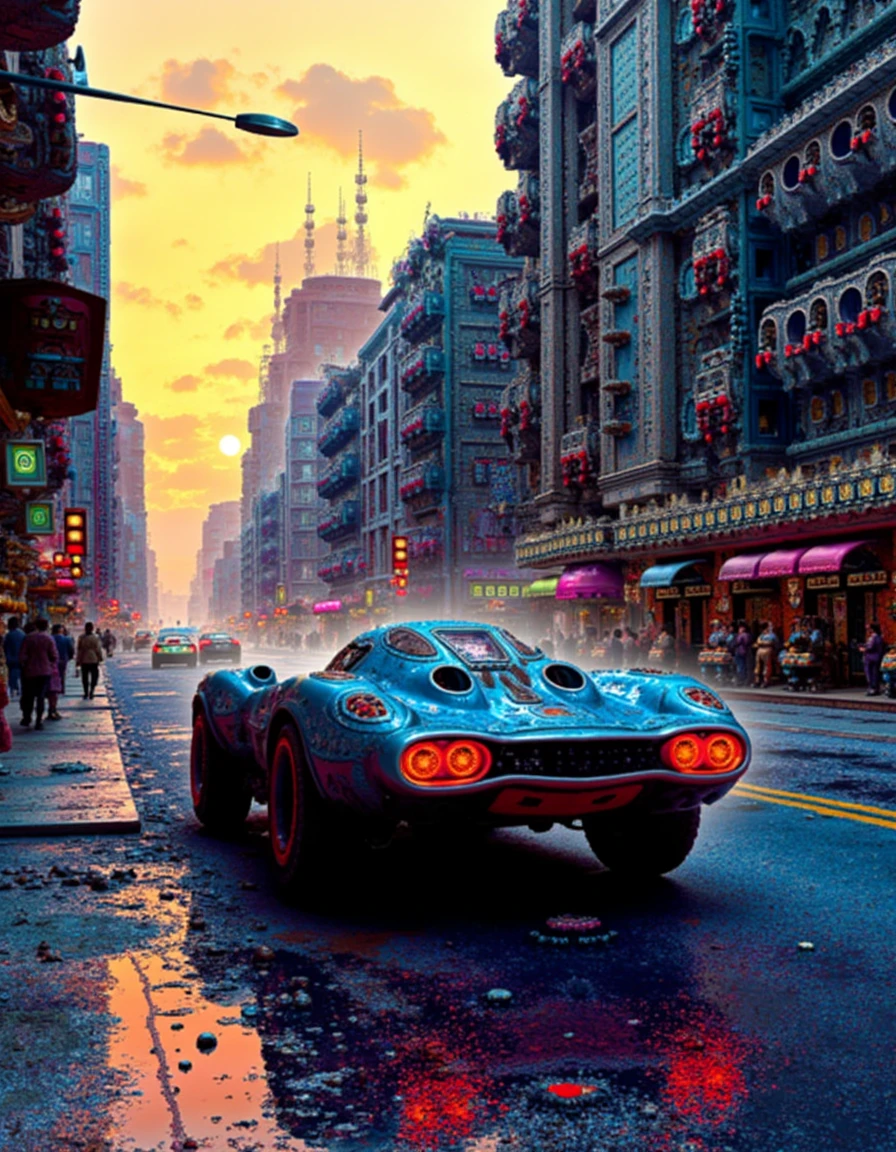 still life art by Samuel Peploe and Posuka Demizu, A futuristic ilak style sports-car on a city street.  Inspired by ilak.  Lighting as if the sun had set outside. Scottish colourist, still life, sharp focus, intricate and detailed illustrations, fantasy and retro-futurist themes and style.  