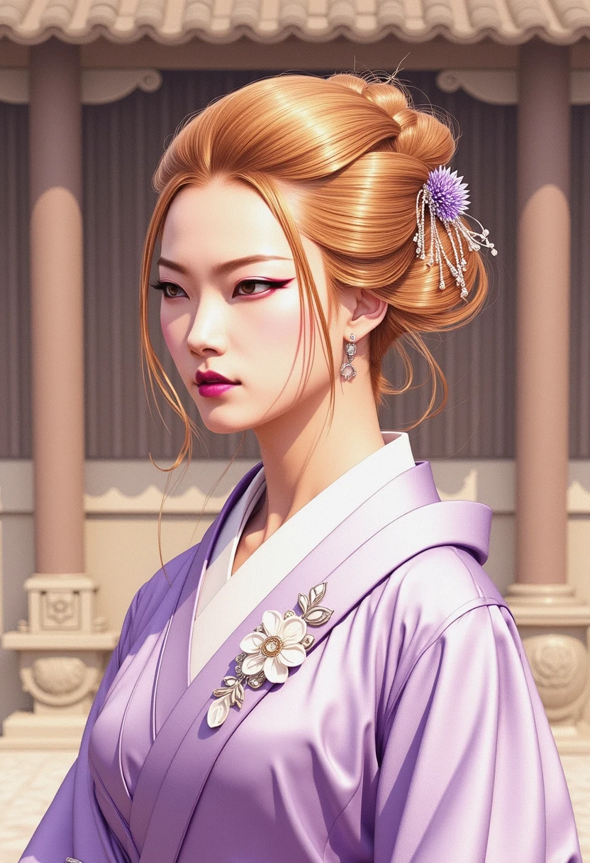 The image is a digital drawing in a highly detailed, traditional Japanese style, specifically a mix of ukiyo-e and modern digital art of stunning, Ethereal chlamys with graceful draping and a decorative clasp, Duchess, Short, Toned, Oval Face, Tan Skin, Strawberry Blonde Hair, Brown Eyes, [[Curved Nose]], Pouty Lips, Round Chin, Shoulder-Length Hair, Fine Hair, Fishtail Crown Braid, natural breasts, Clip-on earrings, violet stain lipstick, Imposing structure with towering columns and grand archways