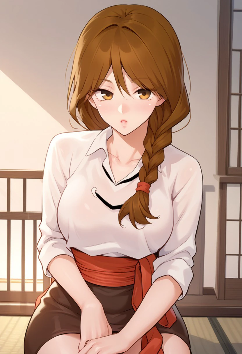 score_9, score_8_up, score_7_up, BREAK, Lina_WDE, long hair, braided ponytail, brown hair, brown eyes, white shirt, red sash, brown miniskirt, pencil skirt, 1girl, solo,