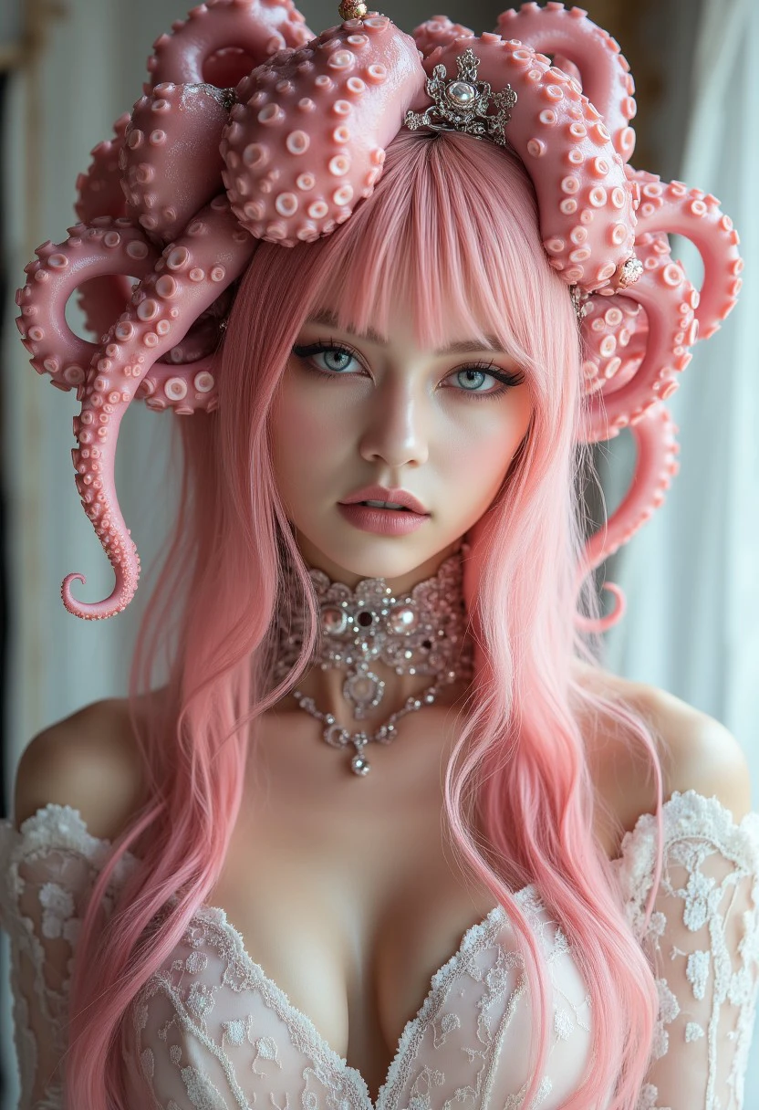 A beautiful Woman with OctopusHat pink hair, wearing an octopus on her head and tentacles around the neck, dressed in white lace , pink pastel colors, dreamy atmosphere, full body portrait, hyper-realistic photography, exquisite detail, intricate details, high resolution, cinematic lighting, studio lighting, super detailed, super realistic