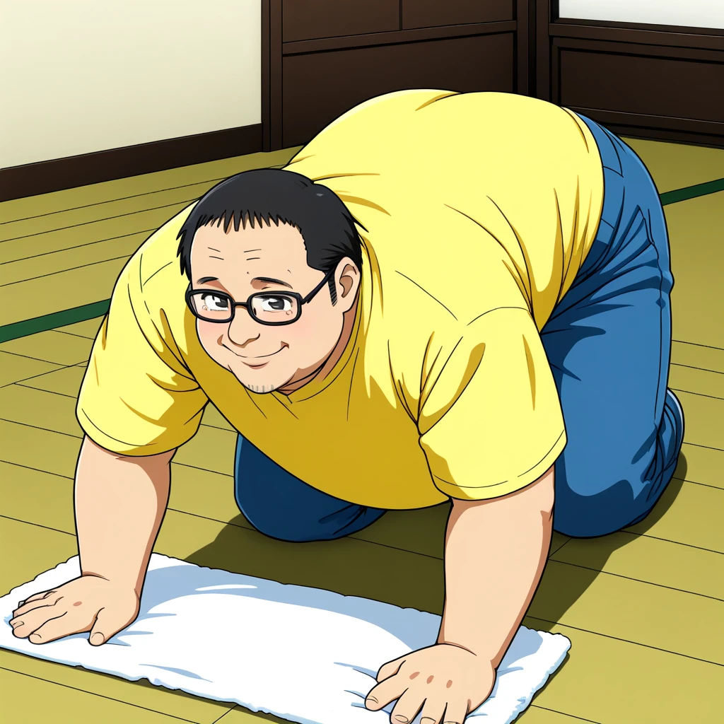 <lora:cleanup_SDXL:0.7>, on the floor with a towel, fat man, (white_zoukin:1.2), (zoukin:1.2), (anime coloring:1.3), (yellow_shirt), glasses, all fours, smile, denim