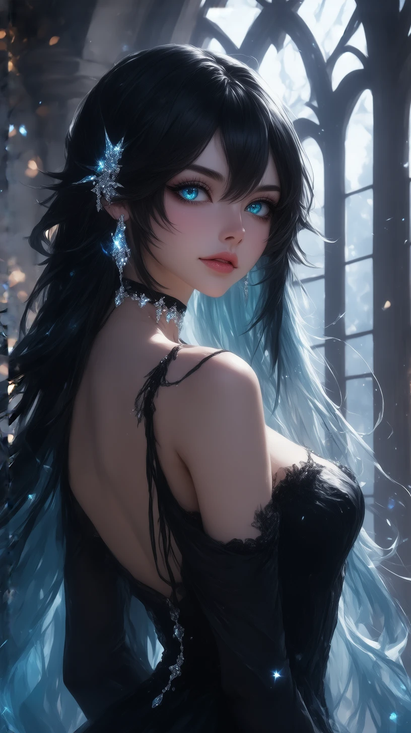 An anime-style portrait of a stunning Miqo'te woman, drawn in detailed anime art style. She gazes at the viewer with striking blue eyes, characteristic of high-quality anime character design. Her long black hair, styled in a distinctive anime fashion, transitions to ethereal ice blue at the tips. She's wearing an elegant black evening gown with anime-inspired details, adorned with crystals and sparkles that catch the light like stars. Crystal earrings and a delicate choker complete her look. The scene is rendered in the polished style of high-end anime art, with soft, diffused lighting streaming through tall windows creating a dreamy atmosphere.