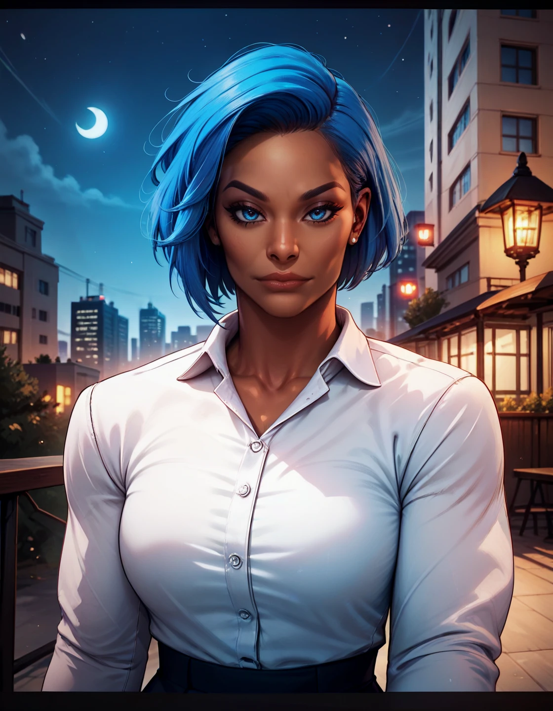 rating_safe, zPDXL3, score_9, score_8_up, score_7_up, score_6_up, score_5_up, score_4_up, highres, incredibly absurdres, highly detailed, dim lighting, closed mouth, cityscape, night, 1girl, solo, <lora:Jade_Cargill:0.6> cjaragidlle, dark skin, dark-skinned female, blue hair, short hair, blue eyes, toned, red collared shirt, long sleeves, looking at viewer