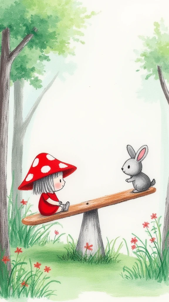 pencil draw line,pencil draw line,a red shirt girl and a rabbit playing on a seesaw,green forest,color mushroom