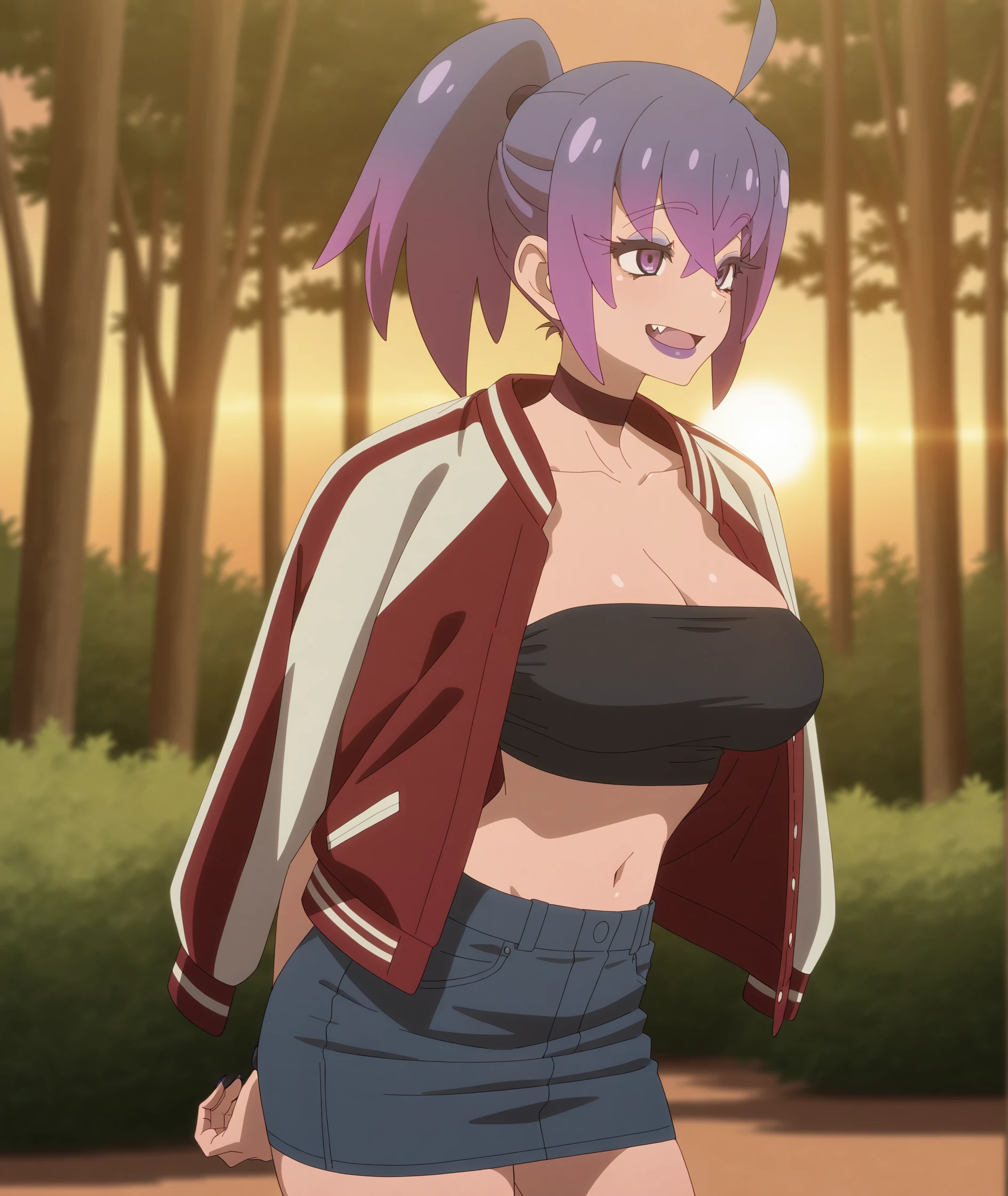 highres, hi res, best quality, masterpiece, 2d, intricate details, 4k, anime coloring, shadow, uncensored,
1girl, solo, female, eyelashes, bangs, purple eyes, ponytail, gradient hair, purple hair, ahoge, multicolored hair, fang, nail polish, purple nails, purple lips, 
breasts, collarbone, jacket, choker, strapless, black choker, red jacket, track jacket, jacket on shoulders, letterman jacket, skirt, jeans skirt, denim, midriff, navel, denim skirt,
cowboy shot, looking at another, standing, arms behind back,
depth of field, bush, day, forest, grass, light rays, nature, outdoors, plant, scenery, sky, sunbeam, sunlight, sunset, tree, <lora:Tokage_ILXL:1>