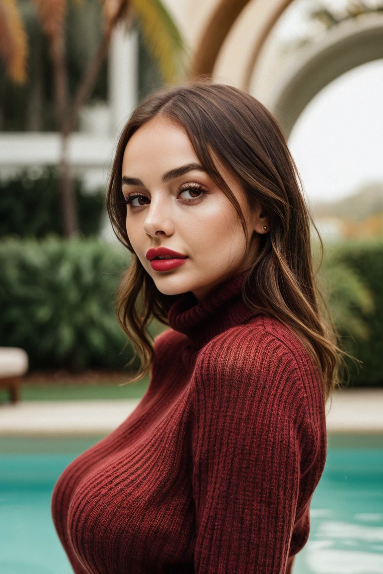 <lora:sophiemudd-06:0.6>, sophiemudd,a photo of a woman, detailed eyes, detailed face, masterpiece, high resolution, best quality, epiCPhoto, red lipstick, blush, , turtleneck sweater, exotic location, pool, plants, fancy hotel