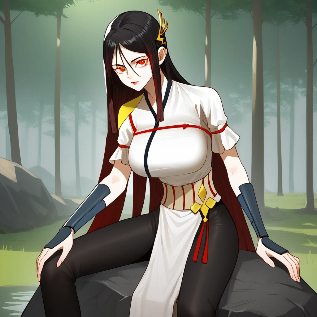 score_9_up, score_8_up, BREAK, MulanXuanwu, 1girl, solo, black hair, multicolored hair, long hair, red eyes, chinese clothes, <lora:MulanXuanwu_SurviveAsTheHeroHusband_PXL_Leaf2:1>, looking at viewer,  outdoors, sitting on rock