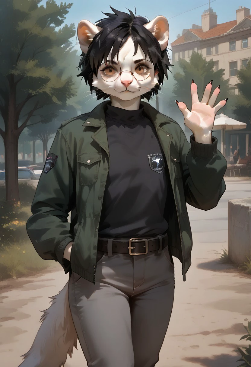 score_9, score_8_up, score_7_up, easynegative, realistic style, symphtia-style, furry female, anthro ferret girl, tomboy, black hair, round glasses, dull green jacket, grey pants, belt, one hand up, waving, one hand in pocket, looking at viewer, in a park, black shirt,