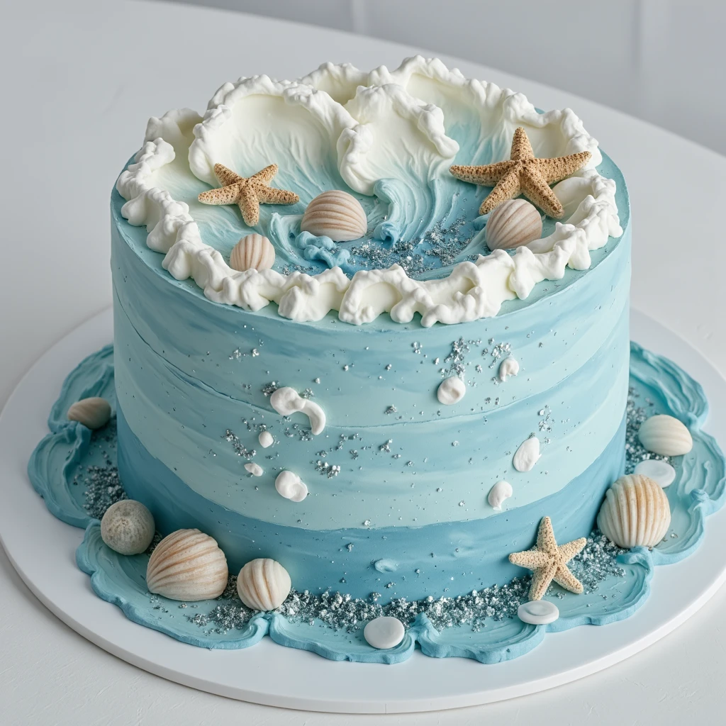 CynthiaCake.A single-tier cake designed to resemble a serene ocean wave, with gradient blue frosting mimicking water movement and edible whitecaps **** from whipped frosting. Edible sea shells, coral pieces, and a small fondant starfish are scattered across the design. A touch of edible glitter creates a shimmering sea effect.