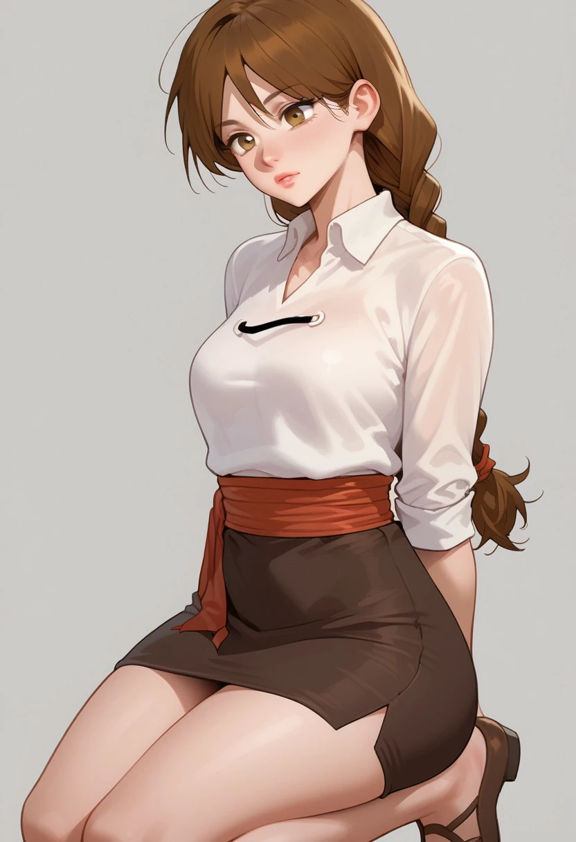 score_9, score_8_up, score_7_up, BREAK, Lina_WDE, long hair, braided ponytail, brown hair, brown eyes, white shirt, red sash, brown miniskirt, pencil skirt, brown footwear, 1girl, solo,