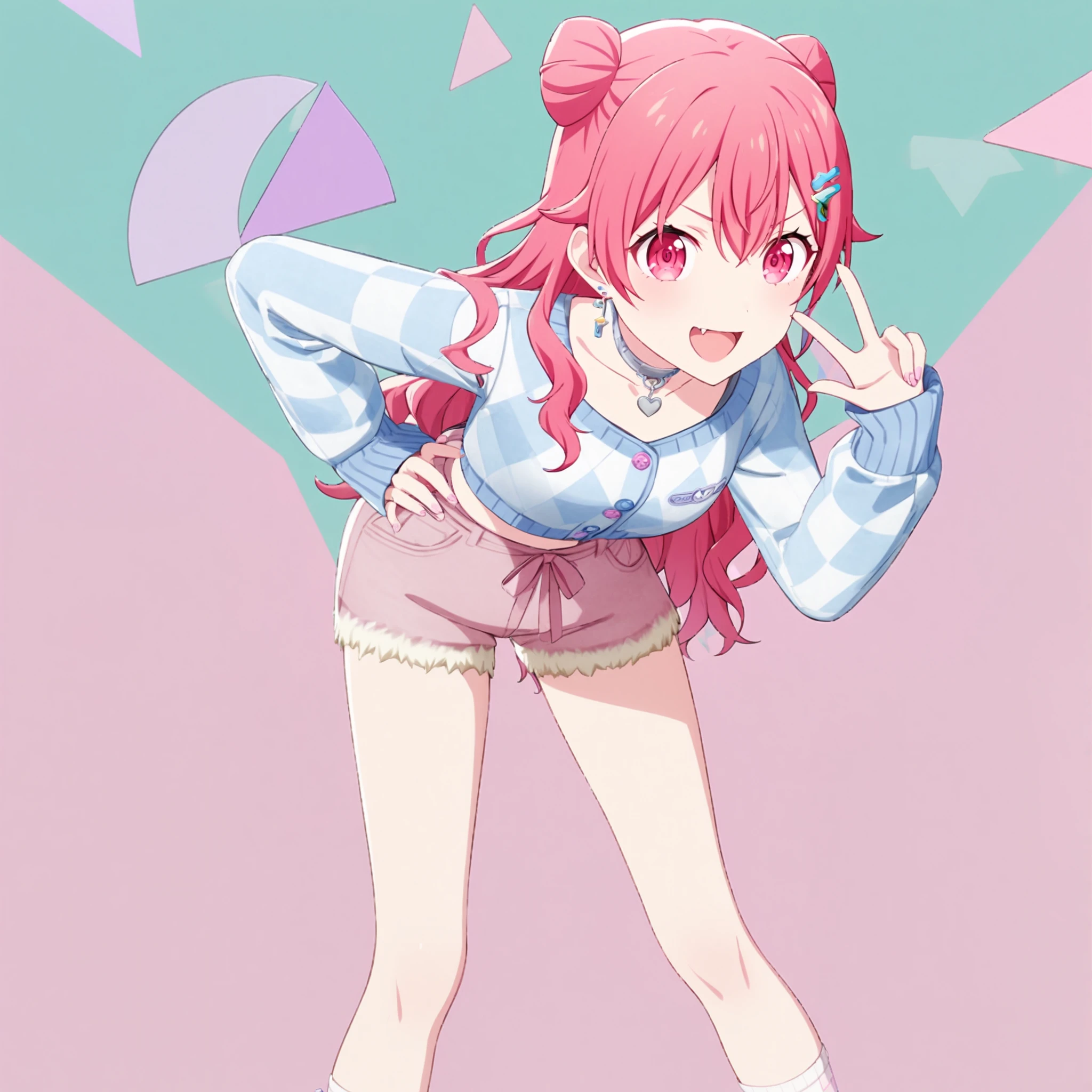 1girl, momoi airi, project sekai, masterpiece, very aesthetic, absurdres, official art,
cheerful streamer, long hair, pink hair, pink eyes, fang, (two hair bun:1.2),
(looking at viewer:1.4), :D, v, hand up, hand on hip, (legs apart:1.2), (leaning forward:1.4), BREAK
earrings, hair ornaments, hairclip,
simple background, green background, pastel color background, square, circle, triangle,
<lora:sdxl-mmj-CheerfulStreamer01:0.9:lbw=0,0,0.2,0.2,0,0.4,0.4,0,0.8,0.8,0,0,0,0.8,0.8,0.6,0.8,0.0,0.0,0.0,0,0,0,0,0,0>