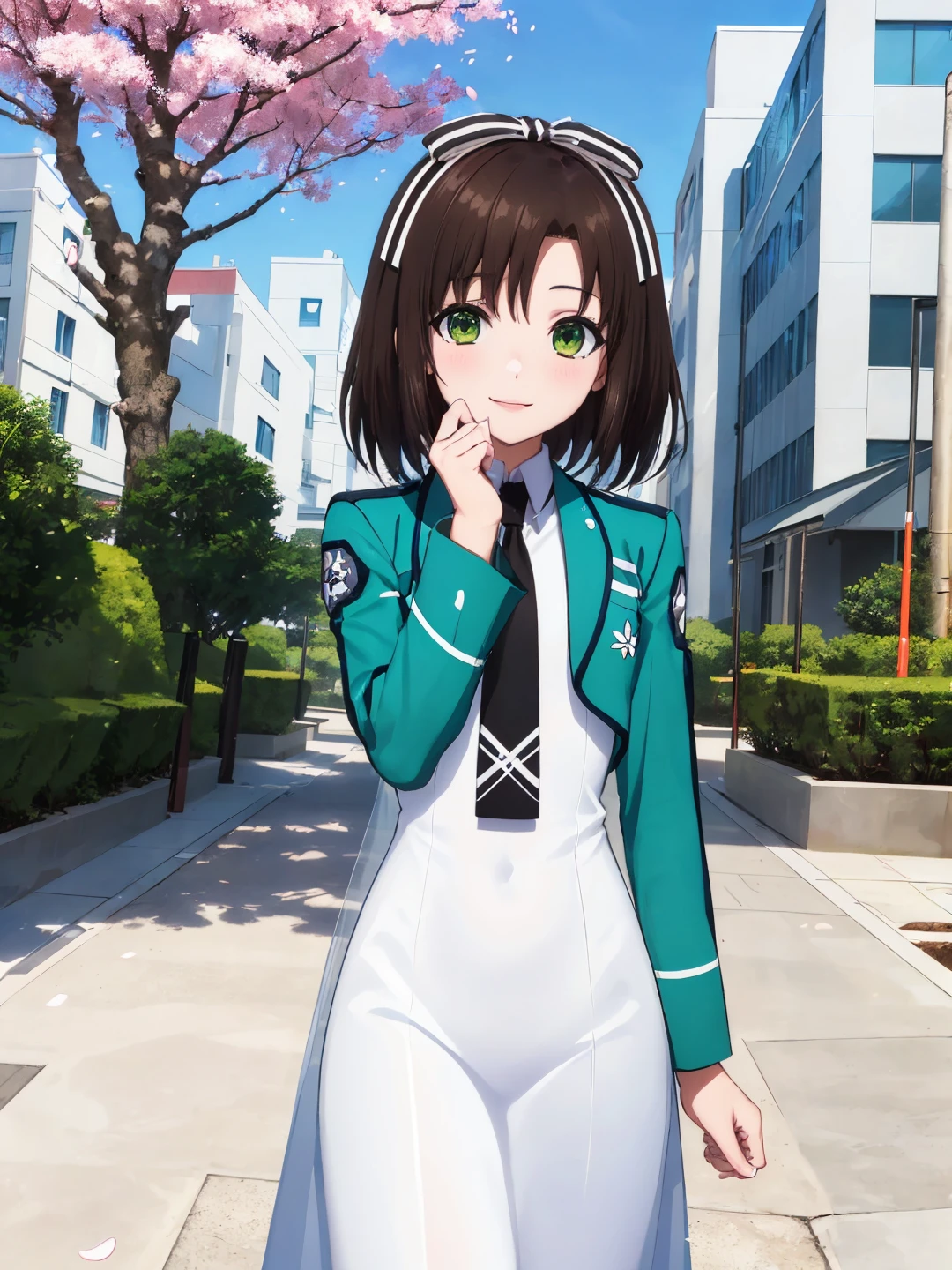 <lora:Saegusa_Izumi_0R:0.7>
saegusaizumi, brown hair, medium hair, green eyes, white hair ribbon
first high school uniform, green jacket, white dress, (long skirt:1.2), black necktie, long sleeves
masterpiece, best quality, ultra-detailed, detailed, detailed skin, absurdres, 8k, digital art
1girl, solo, facing viewer, standing, looking at viewer, smile, standing, cowboy shot
(outdoors, futuristic, science fiction, park, city, building, tree, bush, flower bed, street, stone floor, cherry blossoms)