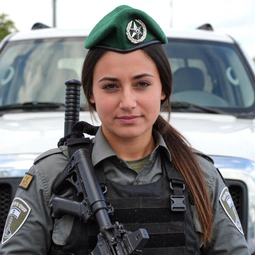 A medium shot portrait of a woman in a grey BP uniform holding a rifle, standing in front of a vehicle, wearing a green beret with a composed expression