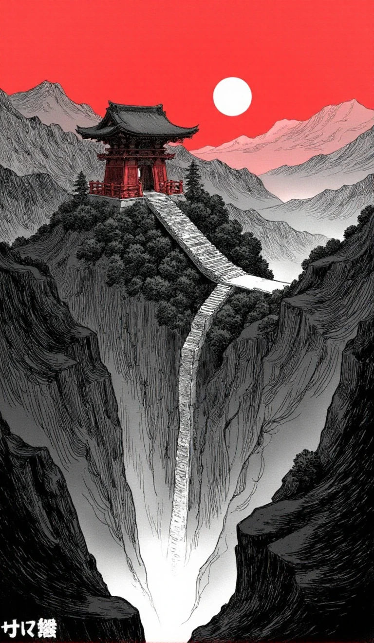 Inkpunk Anime, inksketch in red and black, image of shinto shrine on top of a mountain, long flight of steps up to it, canyon, ravine, sunset, mist
<lora:Ghoul:1> This is a digital drawing in a manga-inspired style,