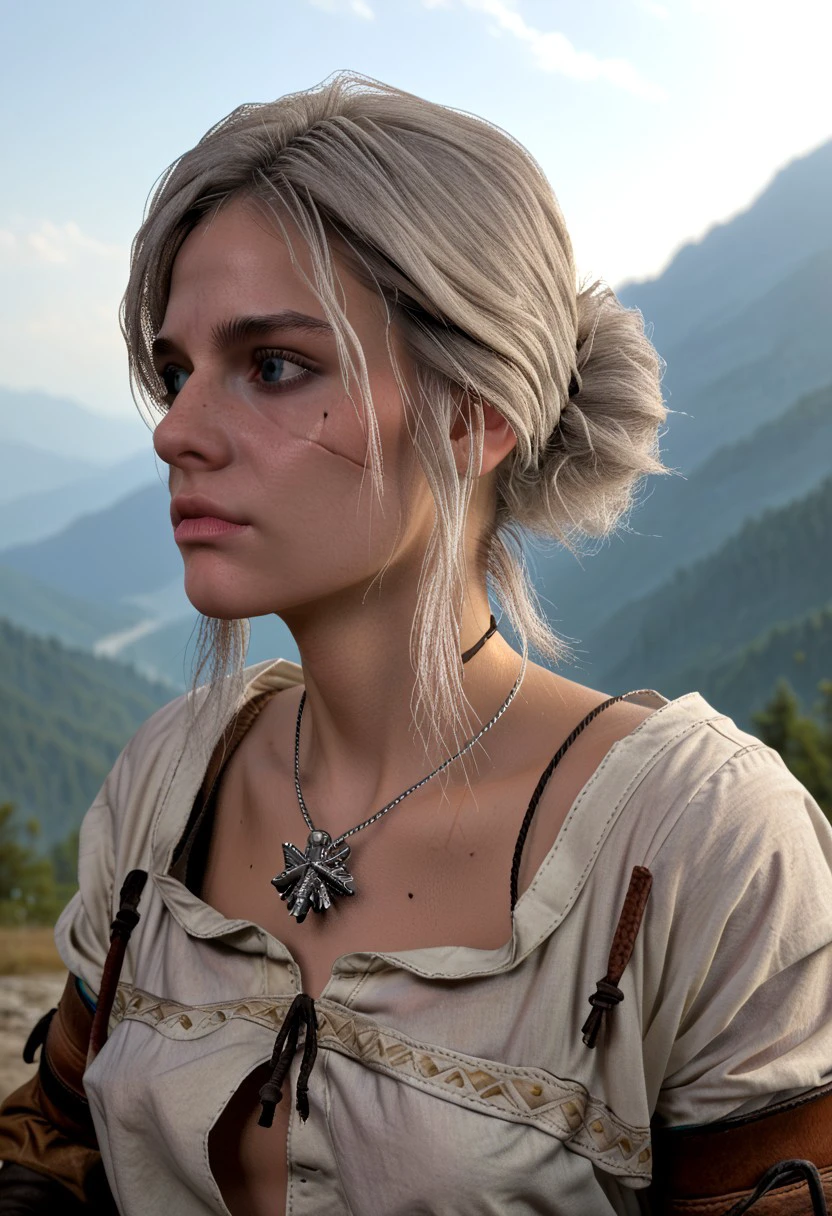 score_9, score_8_up, score_7_up,up close  Ciri freckles scar , training with her sword in Kaer Morhen, surrounded by the misty mountains."