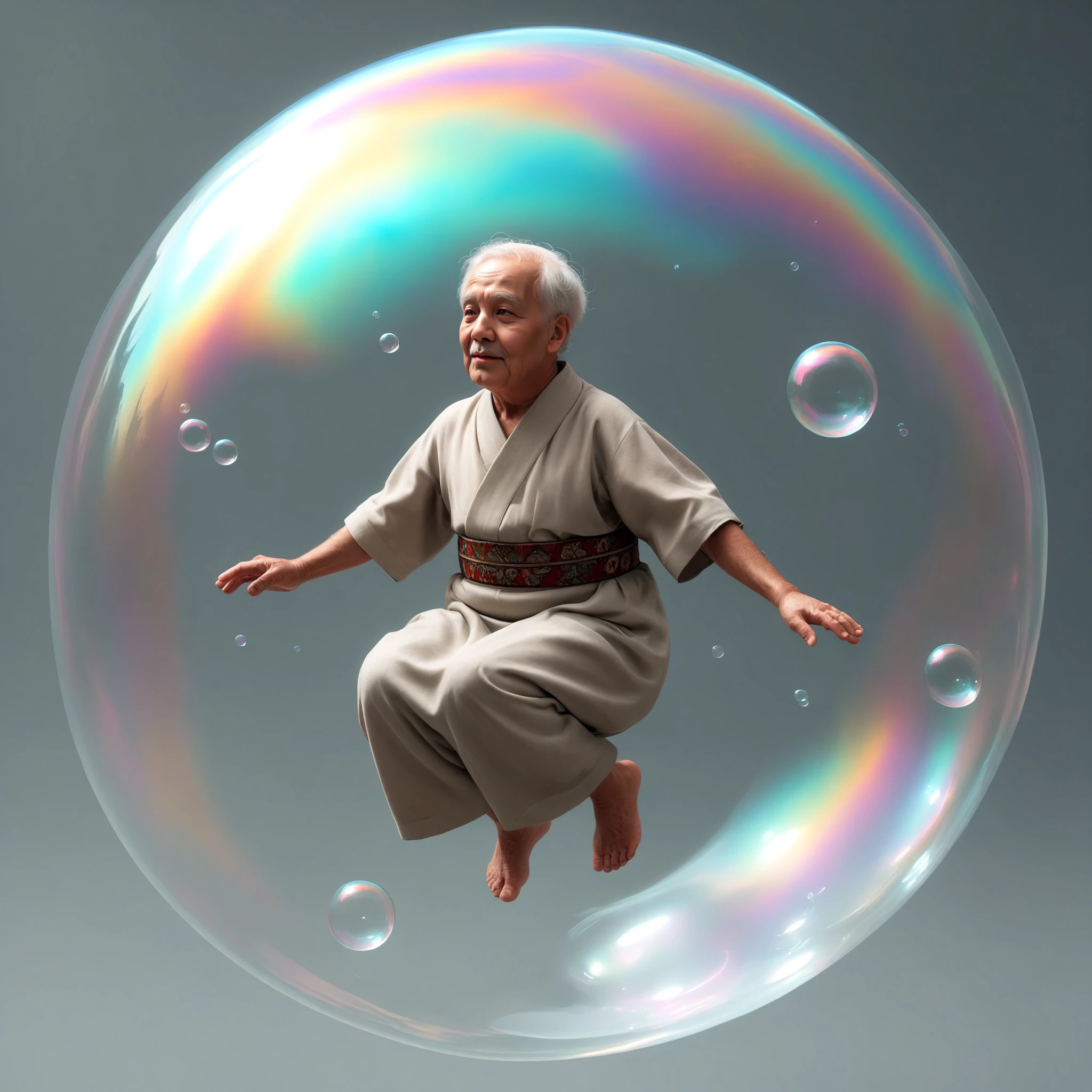 <lora:iridescent_bubble_SDXL:0.7>, iridescent bubble, old man, floating, full body