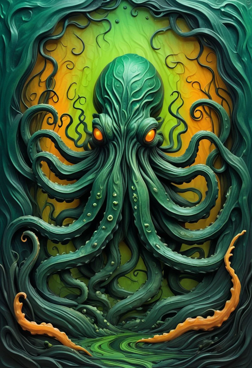 Dark Nature Print of a Swamp Kraken, Abstract Satin Texture, Gradients of Murky Green, Shadowy Black, and Eerie Blue, Tentacles Glowing with Pulsing Orange Patterns, High-Gloss Finish, Radiating a Dark, Ominous Halloween Vibe