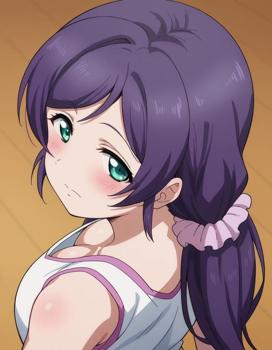 masterpiece, best quality, highres, toujo nozomi, green eyes,low twintails ,strawberry long skirt, outdoors, looking at viewer, white tank top, blushing, leaning forward, big breasts,thicc body, purple hair, green eyes ,strap slip , arms behind back, curvy hips