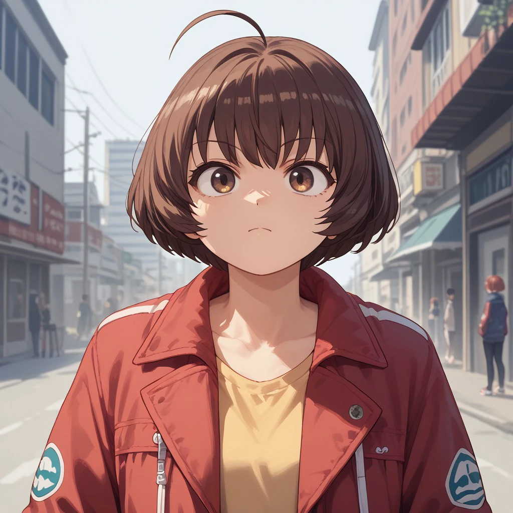 score_9, score_8_up, score_7_up, aseshibuki, akakoonigashima, 1girl, (fullbody),  jacket, short hair, brown eyes, ahoge,