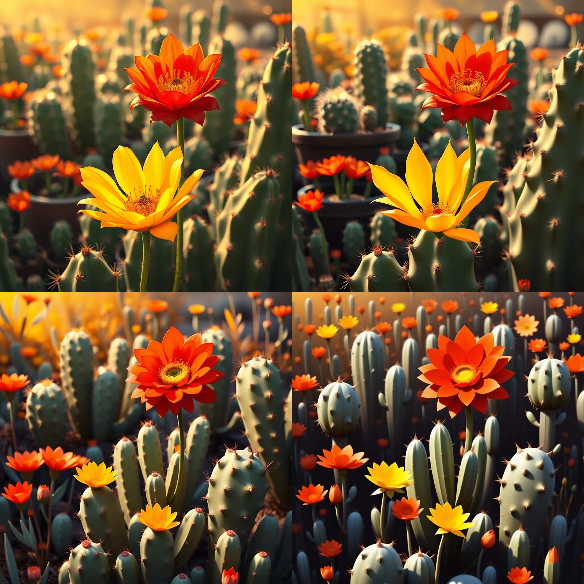 a cartoon lush flower in cactus garden. autumn.
. natural lightsource