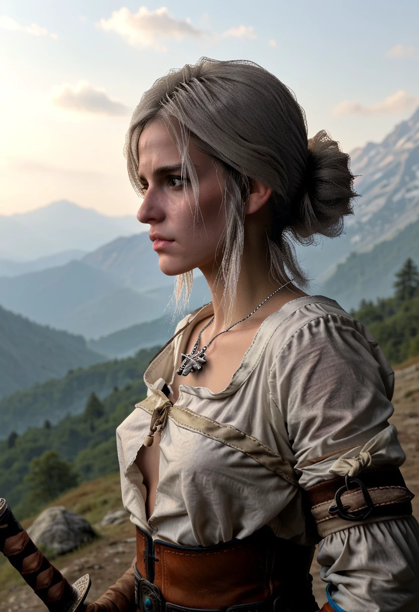 score_9, score_8_up, score_7_up,up close  Ciri training with her sword in Kaer Morhen, surrounded by the misty mountains."