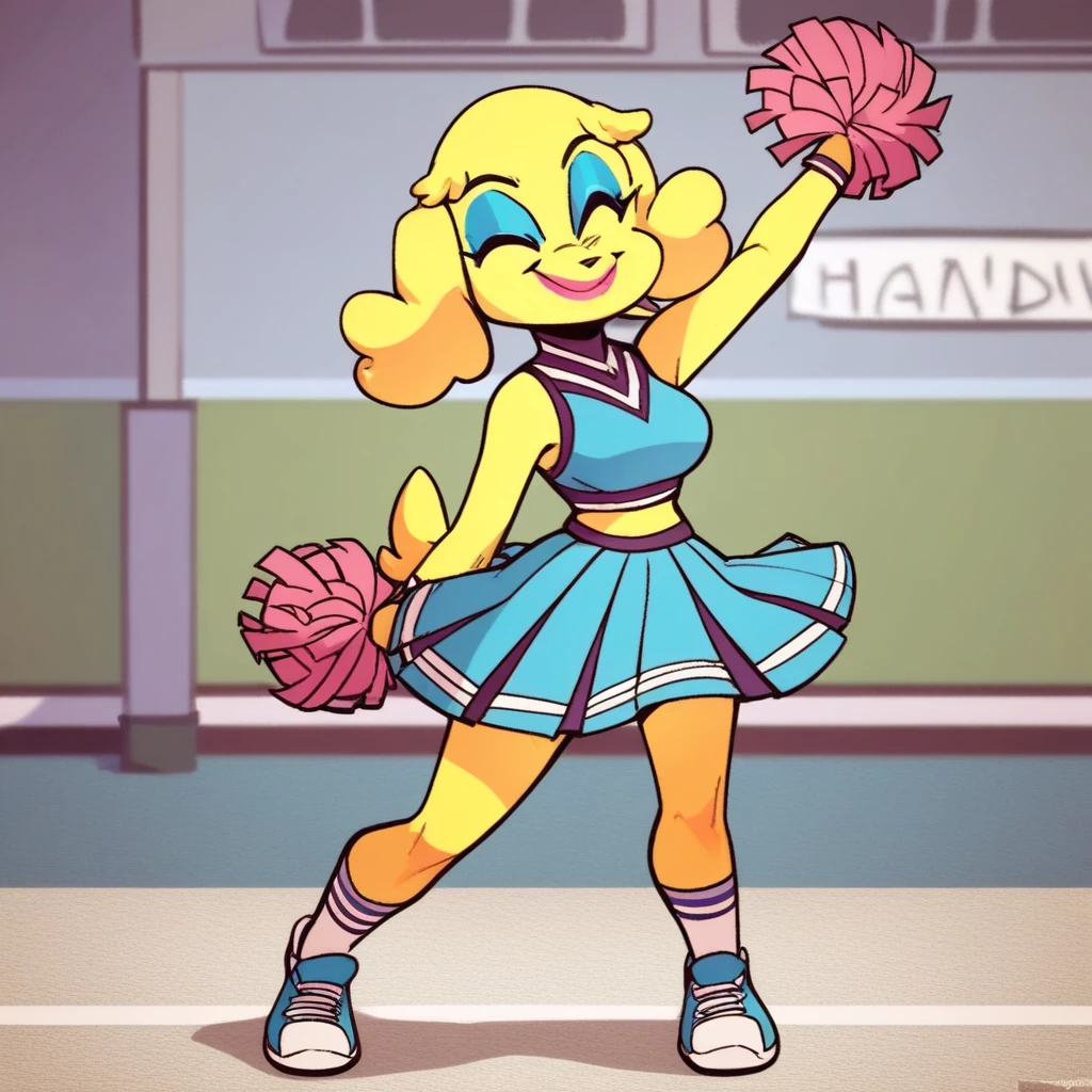 score_9, score_8_up, score_8, score_7, source_cartoon, source_furry, perfect hands, easynegative, Expressiveh, Solo, 1girl, golden retriever, female furry, anthro, yellow fur, fluffy ears, fluffy tail, green eyes, makeup, blue eyeshadow, pink lipstick, medium breasts, cheerleader outfit, cheering, smiling, happy, full body, gymnasium setting,