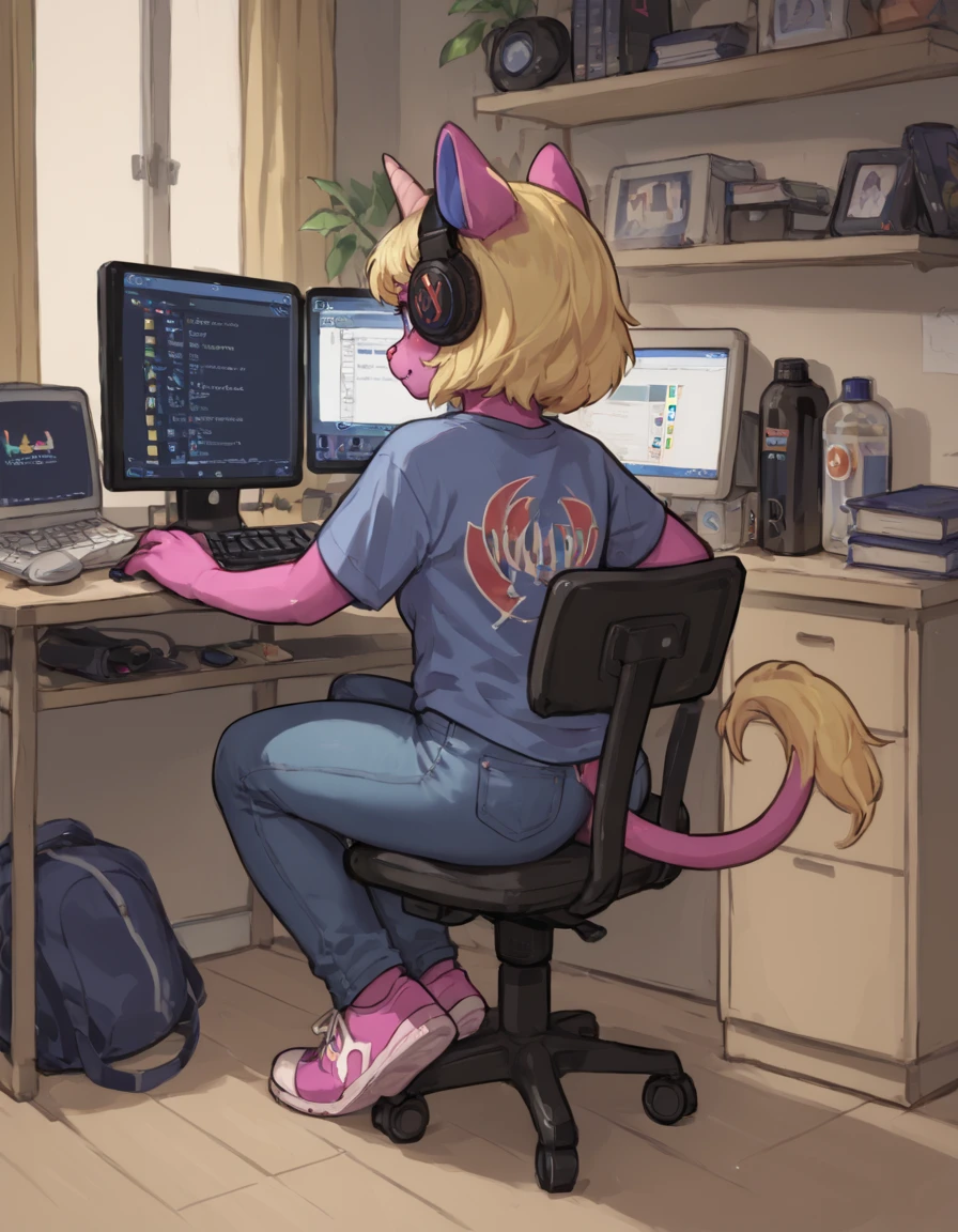 score_9, score_8_up, score_8, score_7
 <lora:Mitsy_Lune_Itsymitsy_for_PonyXL:0.8> 1girl, furry female, m1tsy, horn, tail, blonde hair, animal ears, colored skin, solo, blue eyes, shirt, jeans, sneakers
 <lora:c0mpXLP:0.8> c0mp, sitting, indoors, chair, computer, monitor, headphones, desk, from behind, keyboard (computer),