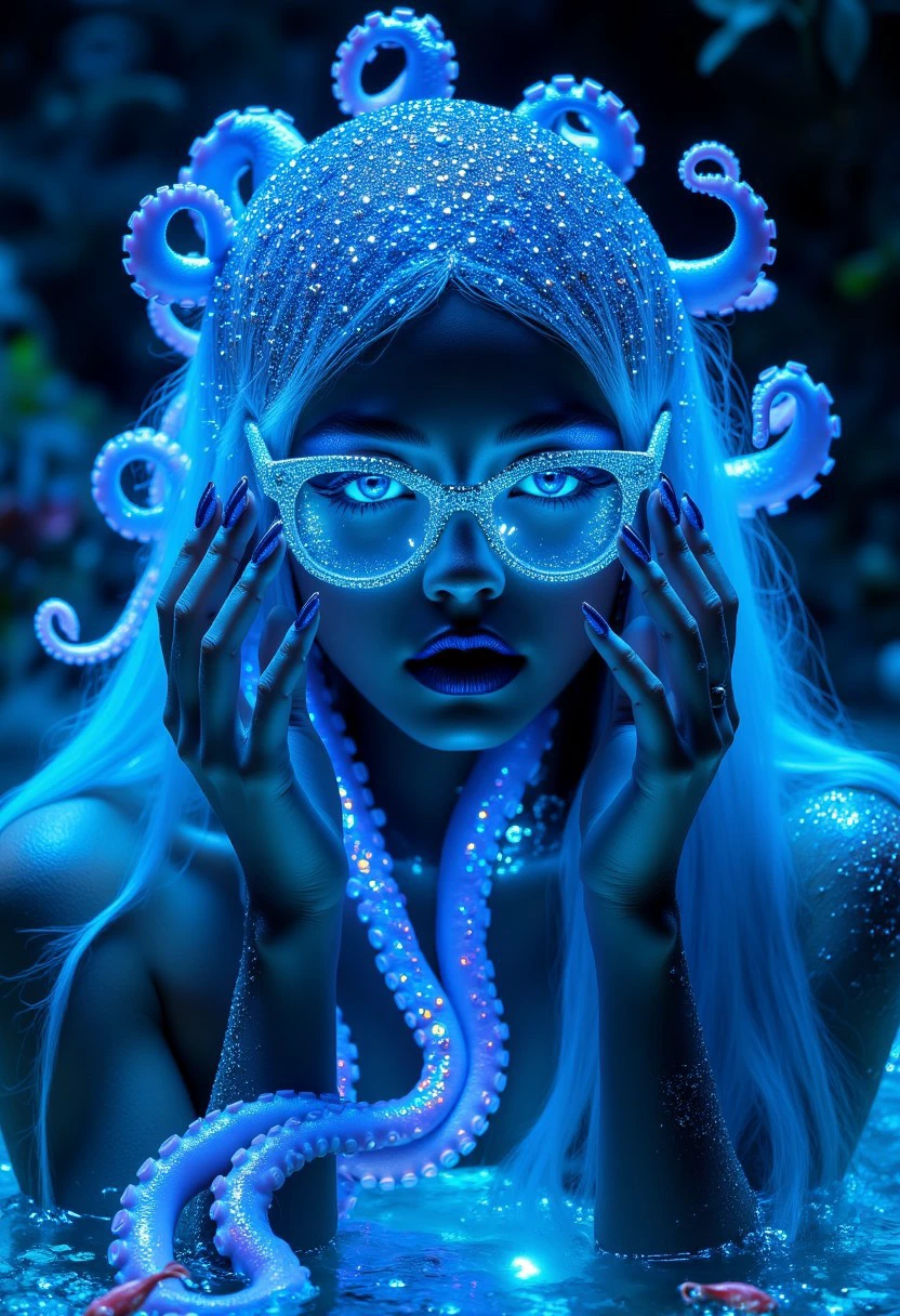 A beautiful woman with OctopusHat octopus-like tentacles for hair, wearing glowing neon blue glasses and sparkling iridescent glitter makeup, set against a dark fantasy background with glowing ocean creatures in the water. Hyper-realistic photography