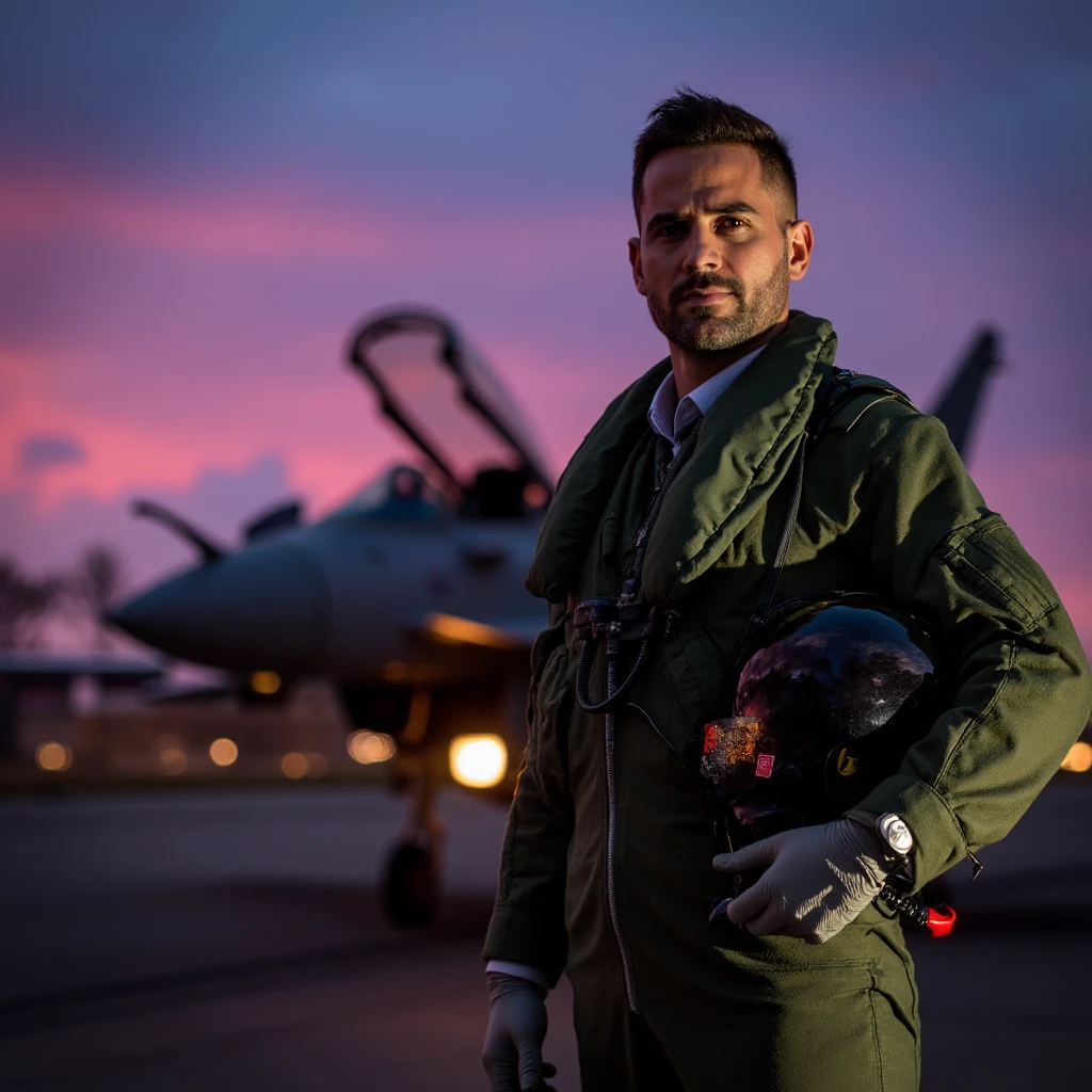 Imagine an image in photorealistic detail: A male RAF pilot, wearing an RAF flight suit, stands beside his jet on an airfield at dusk, the darkening sky streaked with pink and purple. He holds his helmet under one arm, his face set with determination as he prepares for a nighttime sortie, with the lights of the runway illuminating his focused expression.