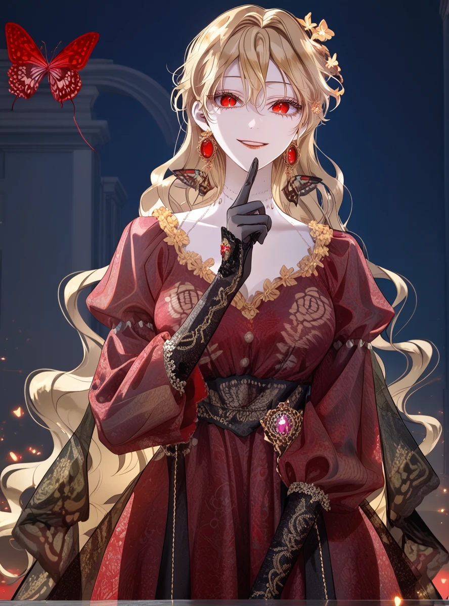 better skin,(score_9_up:1.2),(score_8_up:1.2),(score_7_up:1.2),expressiveh, ,1girl,Masterpiece,(perfect female body:1.2),(detailed hair), detailed background,thick thighs, big breasts,wide hips, small waist, detailed skin, looking at viewer, big breasts, (4k),(incredibly detailed:1.4), perfect anatomy, correct sense of scale, side lighting, feminine body, shiny skin, high layer, high layer long, slim, constricted waist, nice body, lips, Sexy mouth, neatly drawn nose, beautiful fingers, beautiful white skin, Beautiful clear skin, 1girl, smile, standing, (facing viewer:1.5), looking at viewer,<lora:Roxana_Agrece_-_PONY-Kaleid:1> Roxana agrece, 1girl, long hair, yellow eyelashes, slit pupils, bangs, red eyes, blonde hair, gem, earring, hair ornament, flower, lipstick, butterfly, red dress, black gloves, hair between eyes, long sleeves, red lips,