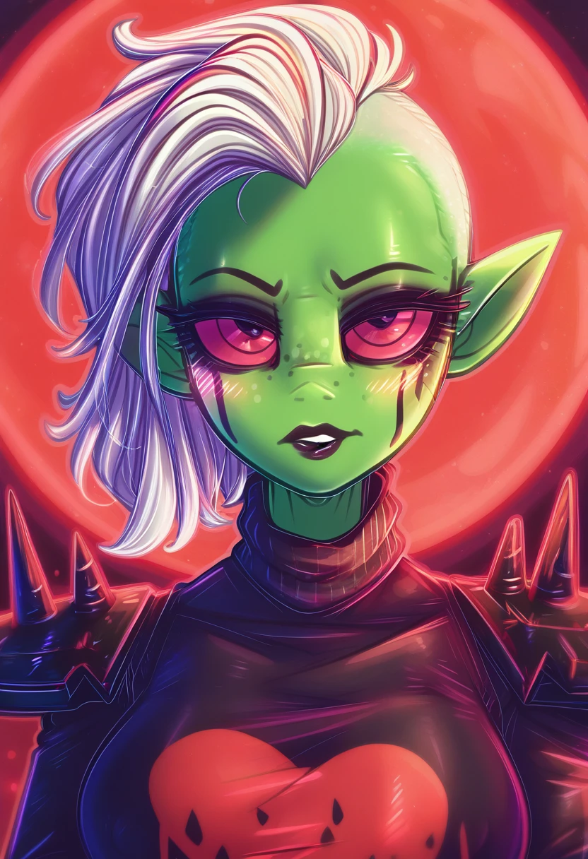 zPDXL, score_9,score_8_up,score_7_up,_up,source_cartoon, best quality, amazing quality, masterpiece, 1girl, looking at viewer, solo, blush,  black lips, <lora:LordDominator3D:0.8>,  lord dominator wo!262, green skin, breasts, white hair, pink eyes, freckles, no nose, pointy ears, dark forest, night, red moon, stars at the sky, wallpaper, beautiful nature, beautiful background, clevage,sweater, large breast, visible boobs, dimwitdog, <lora:dimwitdog:1.2>