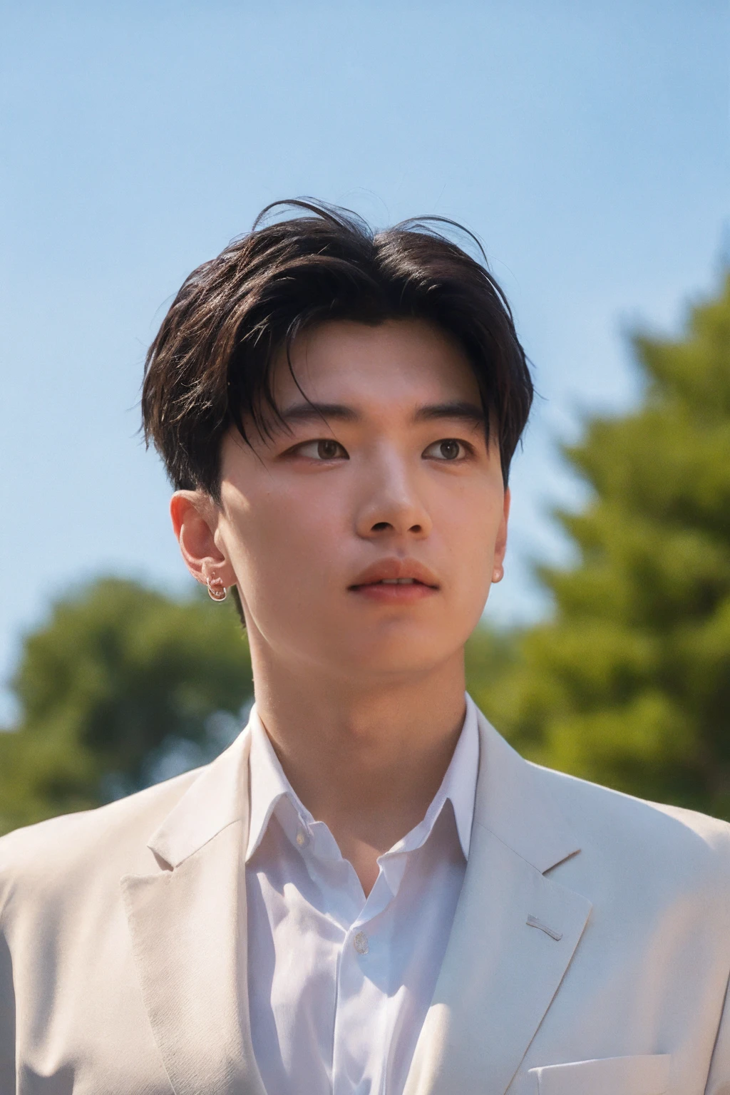 1boy, male focus, black hair, short hair, earrings, (white business suit:1.2), upper body, portrait, looking at viewer, day, sky, outdoor, bokeh,
 <lora:Asian_Man_008:0.9>, Cinematic portrait photography, capture subject in a way that resembles a still frame from a movie, cinematic lighting, story, narrative quality, drawing viewers into the scene and evoking a sense of cinematic immersion, capturing emotion, professional, engaging, compelling composition