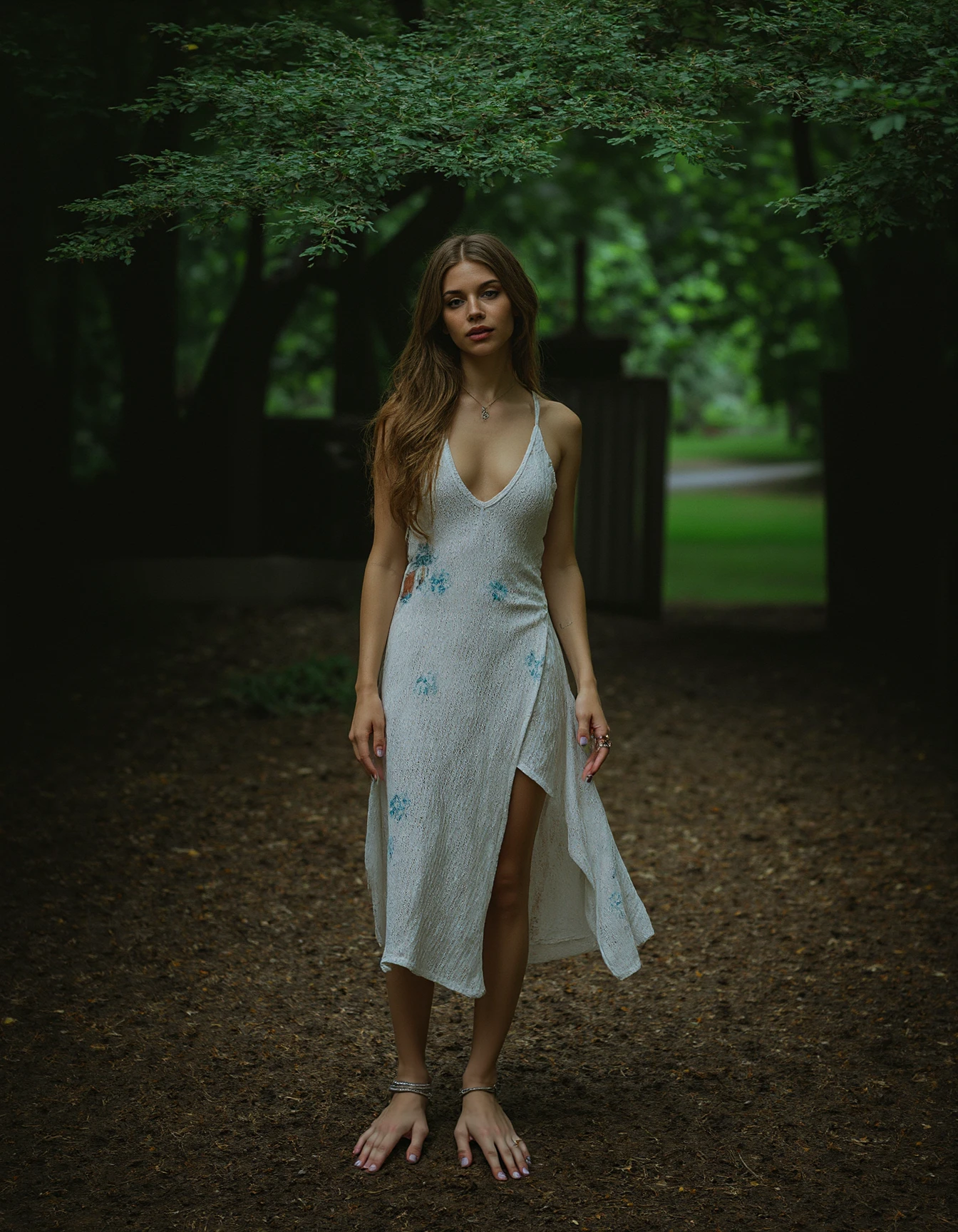 A high-fashion photograph of an Italian woman with olive skin, bare feet, and a textured white dress with blue spots, standing in a forested area with a wooden structure, close-up front-facing shot from a high angle. She is in the lair of a mythical beast, with out-of-focus greenery and accent lighting highlighting her anatomical beauty. The scene is monochromatic, shot on an Olympus OM-D E-M5 Mark III with M.Zuiko 40-150mm f/2.8, capturing hyperdetailed textures and natural light, framed with film grain and a David Burdeny-inspired cinematography. <lora:Handfeet_-_Flux:1>