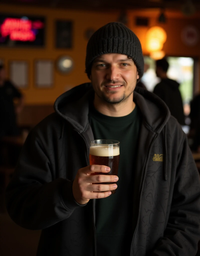 <lora:Badger:0.9>man wearing a beanie, holding a beer in a pub