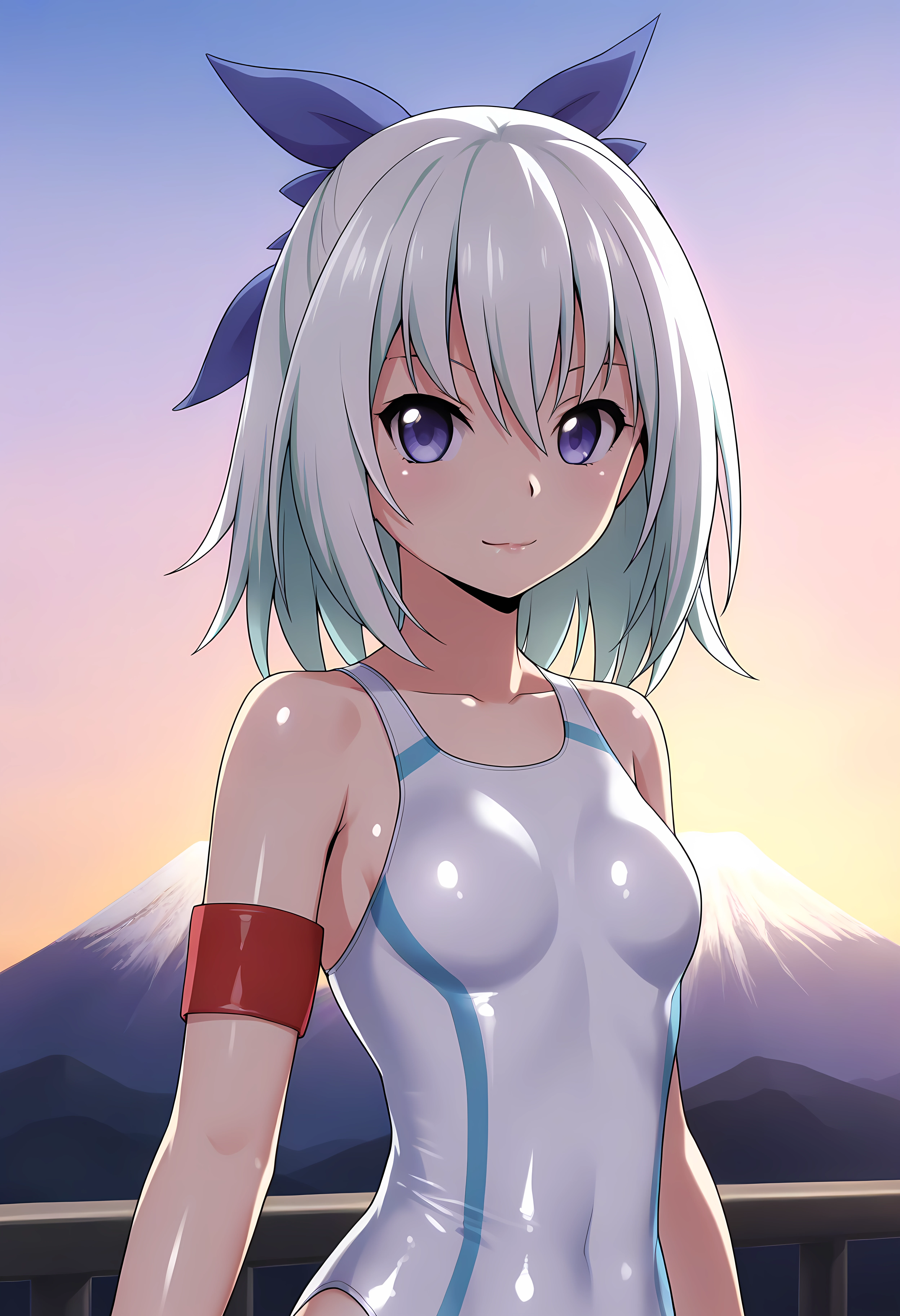 looking at viewer, shiny skin, upper body, light smile, petite,ohwx, white_hair, 1girl, short_hair, purple_eyes, blue_eyes, ribbon, breasts, hair_between_eyes, hair_bow, hair_ribbon, long_hair, medium_breasts, hair_ornament, blue_bow, small_breasts, blue_ribbon,swimsuit, one-piece_swimsuit, armband, white_one-piece_swimsuit, competition_swimsuit, bow, View of Mount Fuji through a torii gate, early morning light, peaceful and majestic landscape,<lora:sayaka_miyata_illustrious_sobsynapse-000003:1>