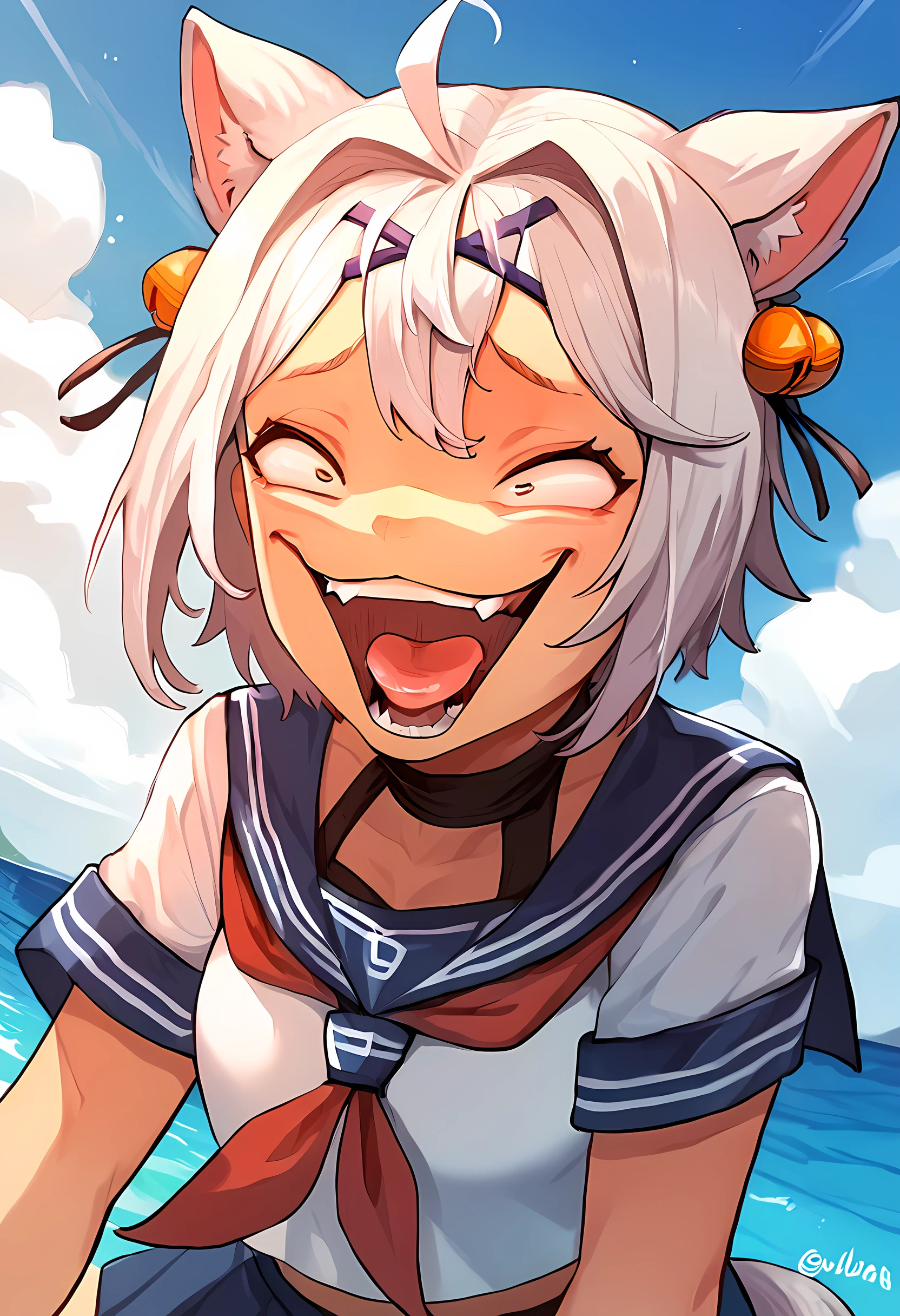 score_9, score_8_up, score_7_up, 1girl, solo, FilianSailor, tail, short hair, hairclip, hair bell, serafuku, red neckerchief, swimsuit under clothes, laugh, lloyd frontera expression, silly face, wide eyes, open mouth, teeth, tongue, dynamic angle <lora:Lloyd_Frontera_Expression:1> <lora:ChamFilianPonyXL:1>