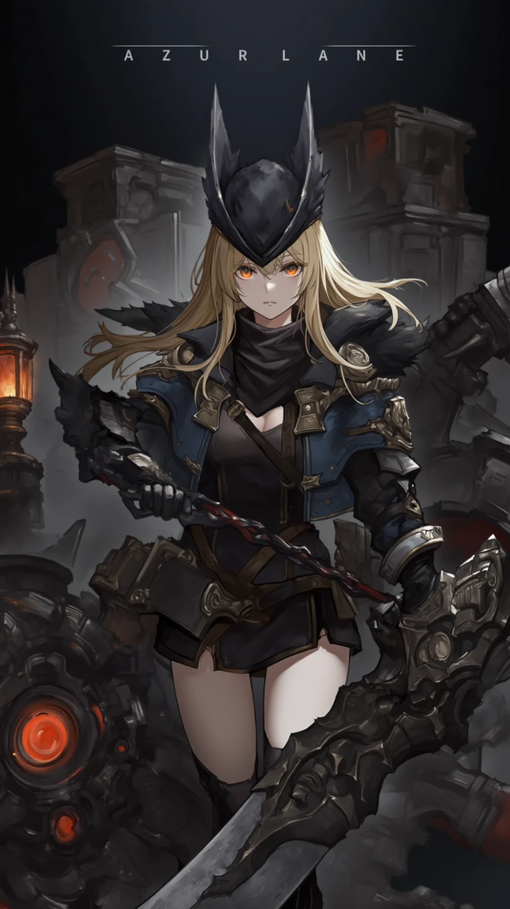 The image is a digital drawing in Yostar META-inspired art style, featuring a female character. She has long, flowing blonde hair and piercing orange eyes. She wears a dark, ornate helmet with a visor, giving her a menacing, mysterious appearance. Her attire includes a dark blue, ornate coat with intricate, metallic armor elements, a black, high-collared tunic, and a black, short skirt. She carries a gigantic scissor with intricate, dark, almost skeletal designs, held in a ready-to-fight stance.

Her outfit is adorned with various pouches and straps, suggesting she is prepared for battle. The background features a dark, industrial setting with a mix of mechanical elements, including a large, ornate lantern with a red, glowing light, and various metallic structures. The overall color palette is dominated by dark grays, blacks, and metallic tones, enhancing the gritty, gothic atmosphere. On top of the character is the game name "Azur Lane" written in bold.