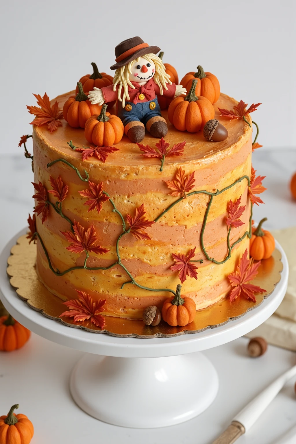 CynthiaCake.Create a single-tier cake that represents an autumn harvest. The cake should have a warm orange and golden-yellow icing base. Decorate the top with edible mini pumpkins, acorns, and maple leaves in red and gold hues. Add edible sugar vines running along the side of the cake and a tiny edible scarecrow in the center to give it a festive touch.