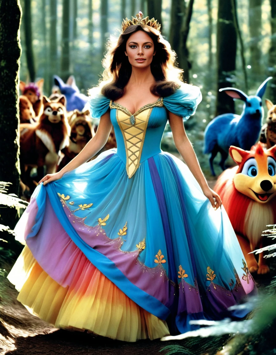 Fairy tale, Photorealism <lora:jacquelinebissetSDXLbase-000008:1>,  upper body photo of jacquelinebissetSDXL, wearing elegant colorful aethereal fantasy princess dress, walking in a forest with sweet cartoon creatures, (looking at the viewer:1.3), masterpiece, award winning, Photorealism, often for highly detailed representation, photographic accuracy, or visual illusion., Magical, fantastical, enchanting, storybook style, highly detailed