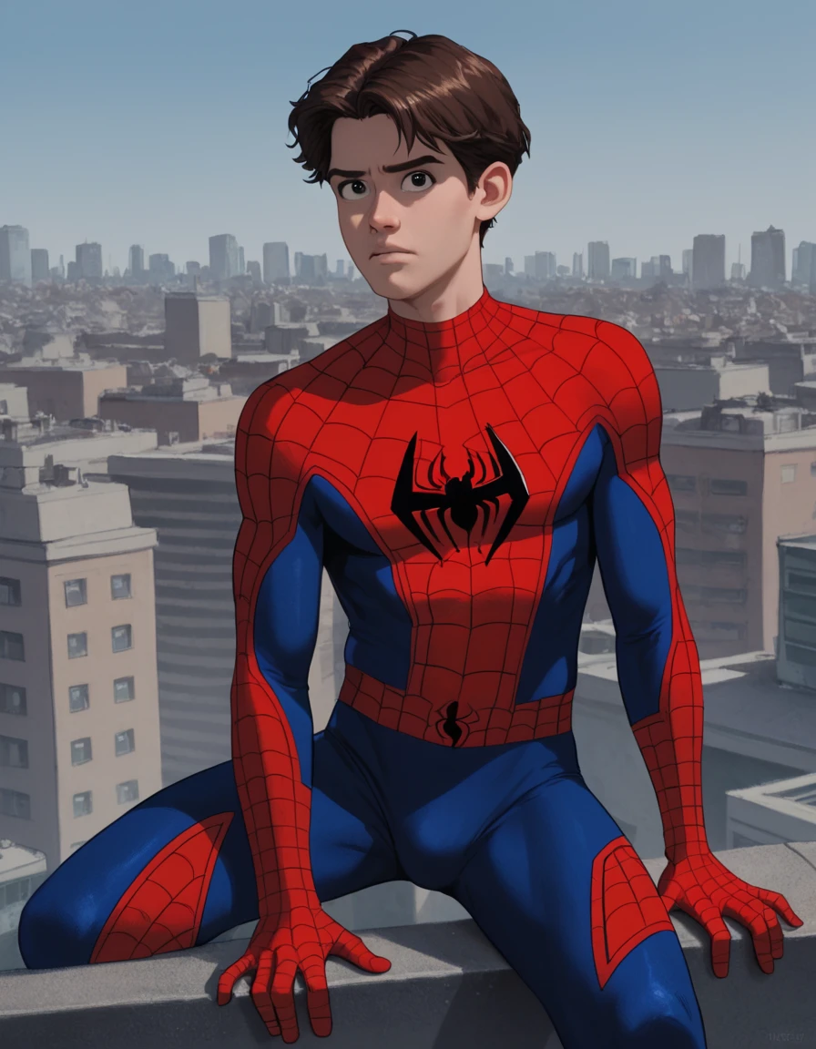 score_9, score_8_up, score_8, score_7
 <lora:Request_Kevin_Grant_Gomez_Hamster_and_Gretel:0.8> 1boy, male focus, k3vin, brown hair, solo, black eyes, parody,
spiderman costume, city, rooftop, cosplay