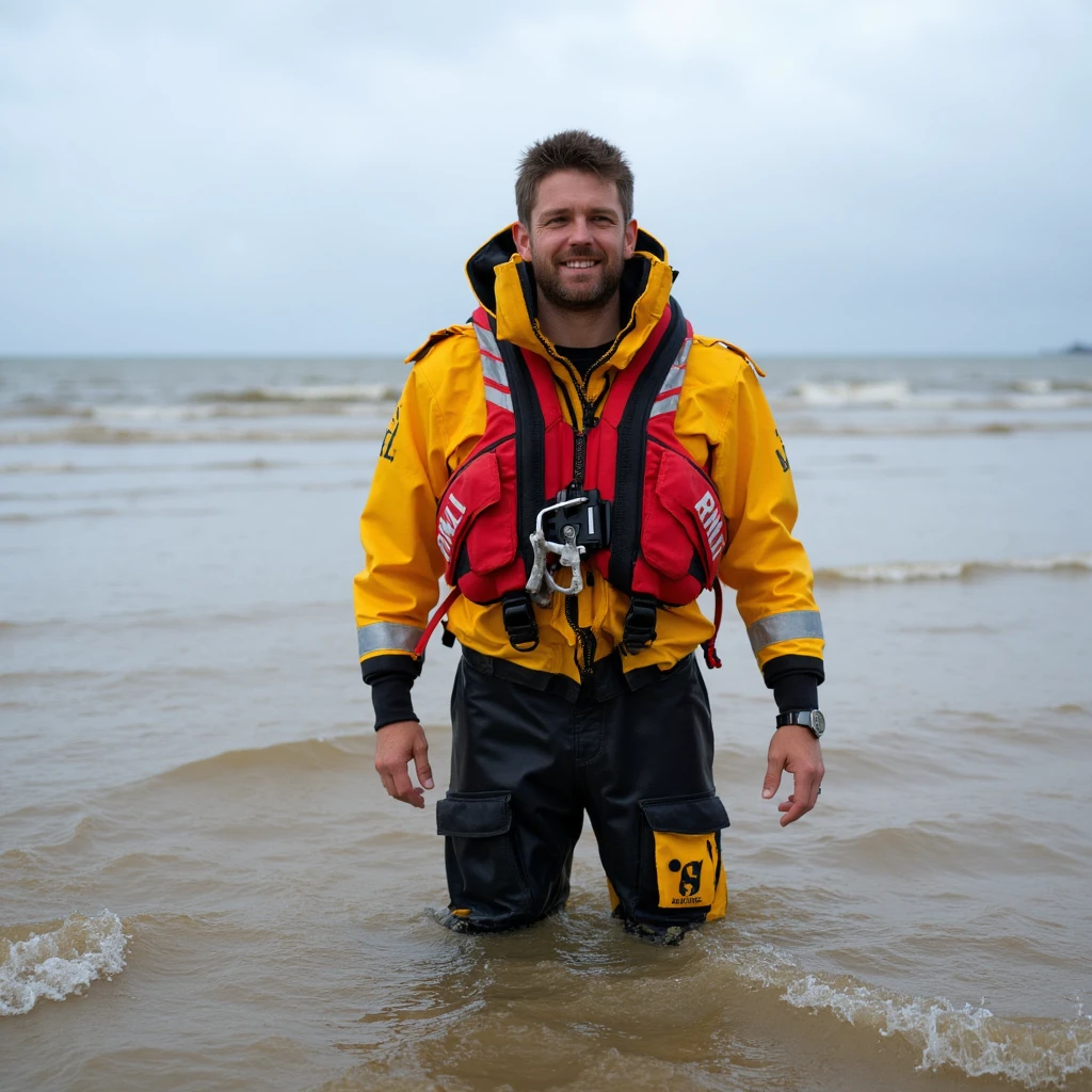 A man wearing a british rnli uniform with "RNLI" written on it standing in the sea on a beach